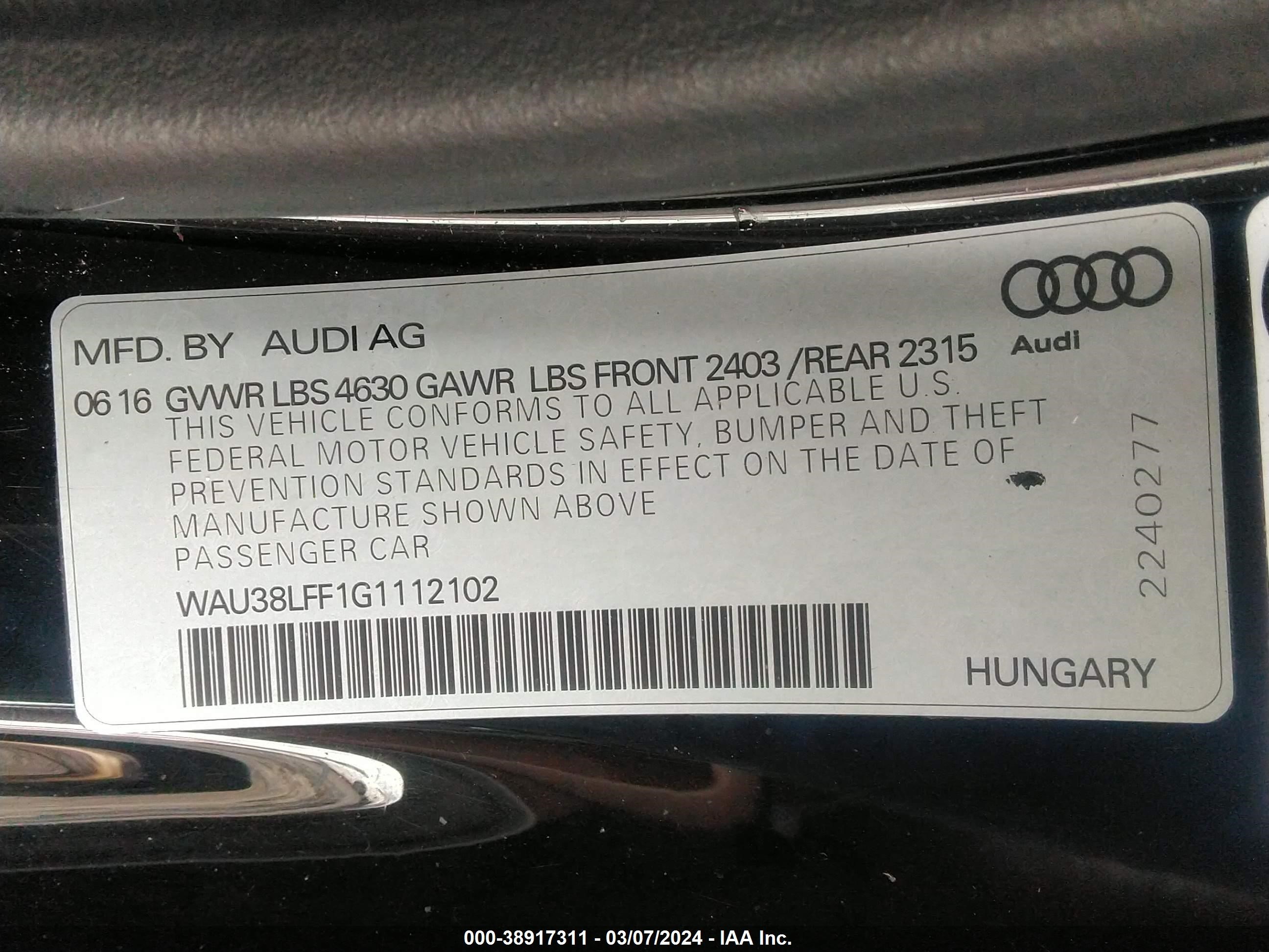 2016 Audi A3 2.0T Premium vin: WAU38LFF1G1112102