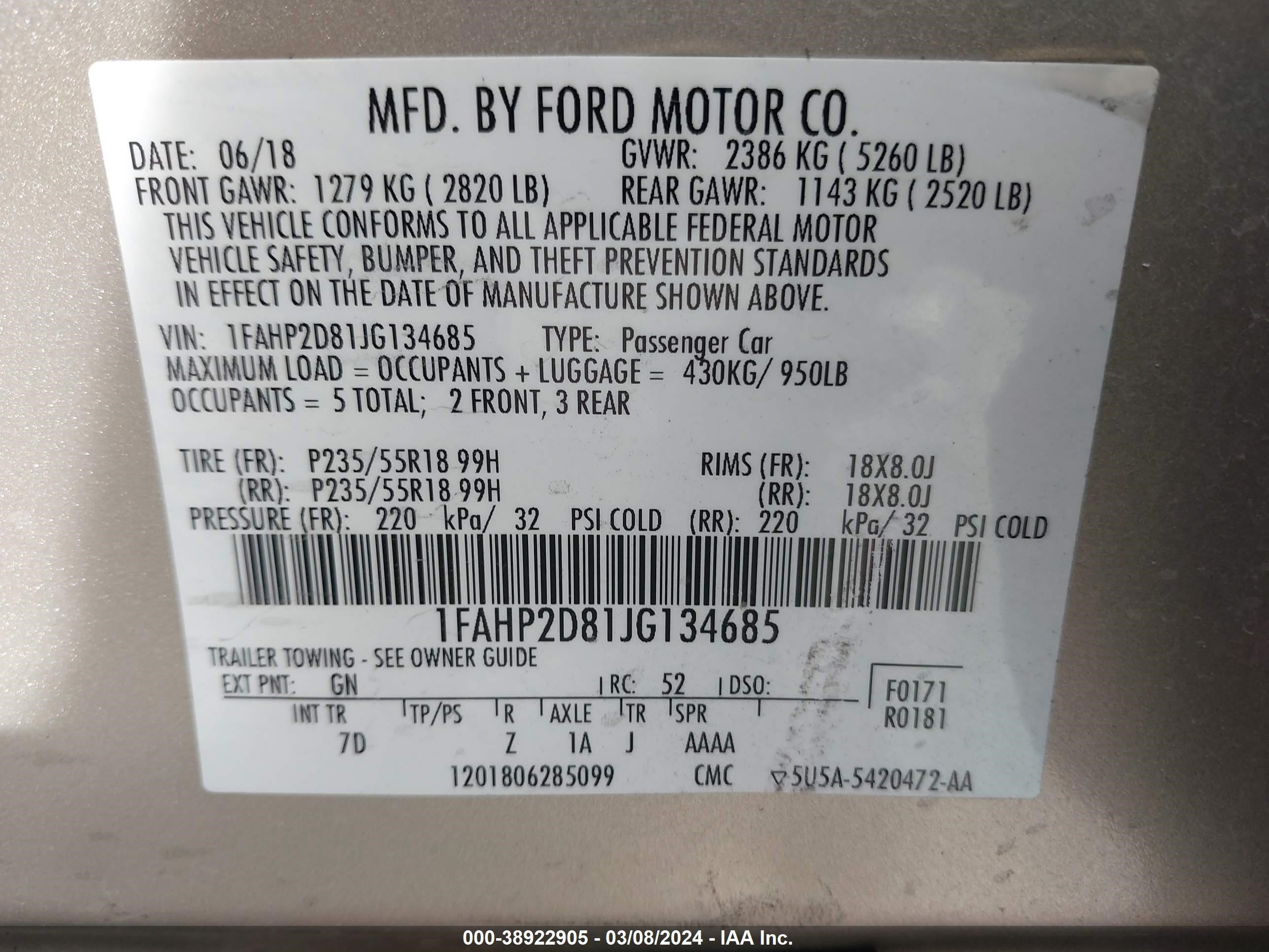 2018 Ford Taurus Se vin: 1FAHP2D81JG134685