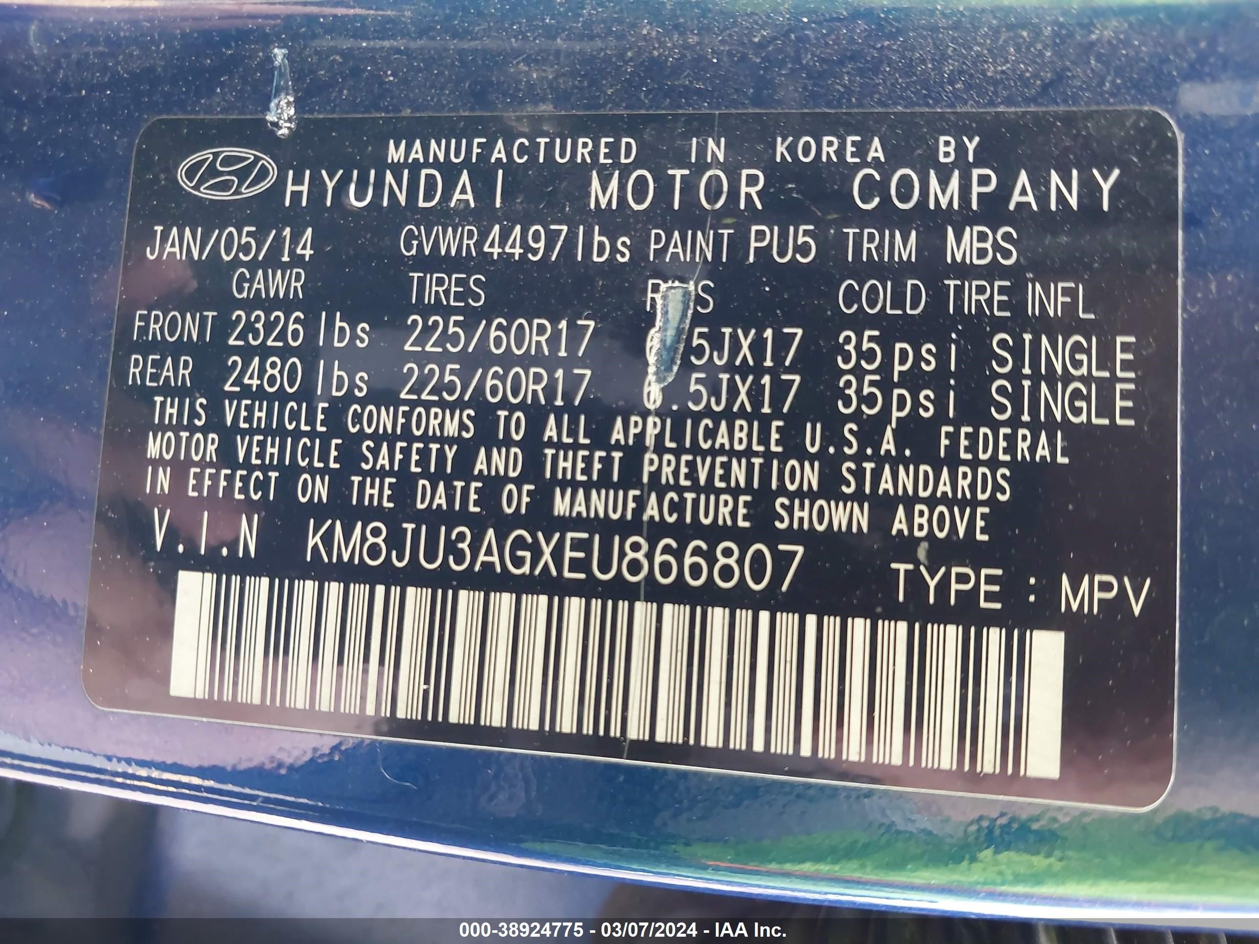 2014 Hyundai Tucson Se vin: KM8JU3AGXEU866807
