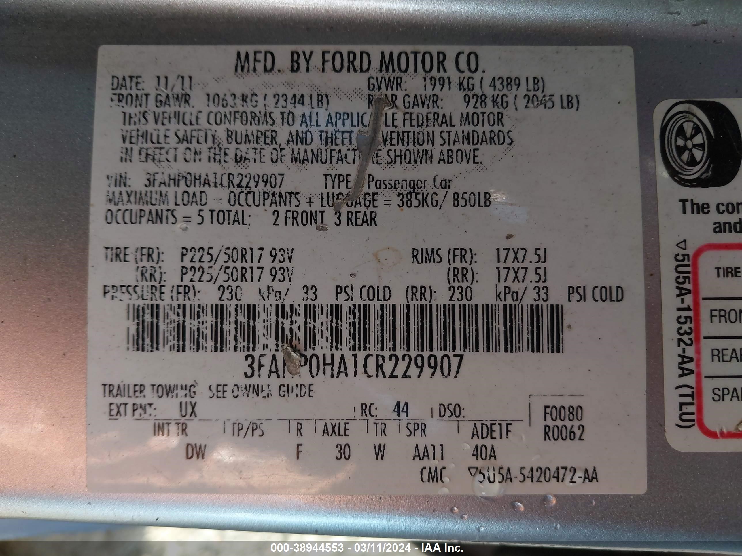 2012 Ford Fusion Se vin: 3FAHP0HA1CR229907