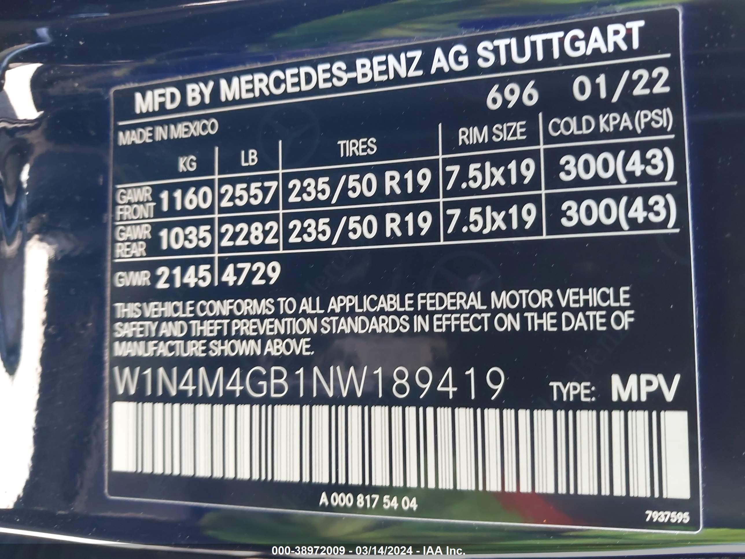 2022 Mercedes-Benz Glb 250 vin: W1N4M4GB1NW189419