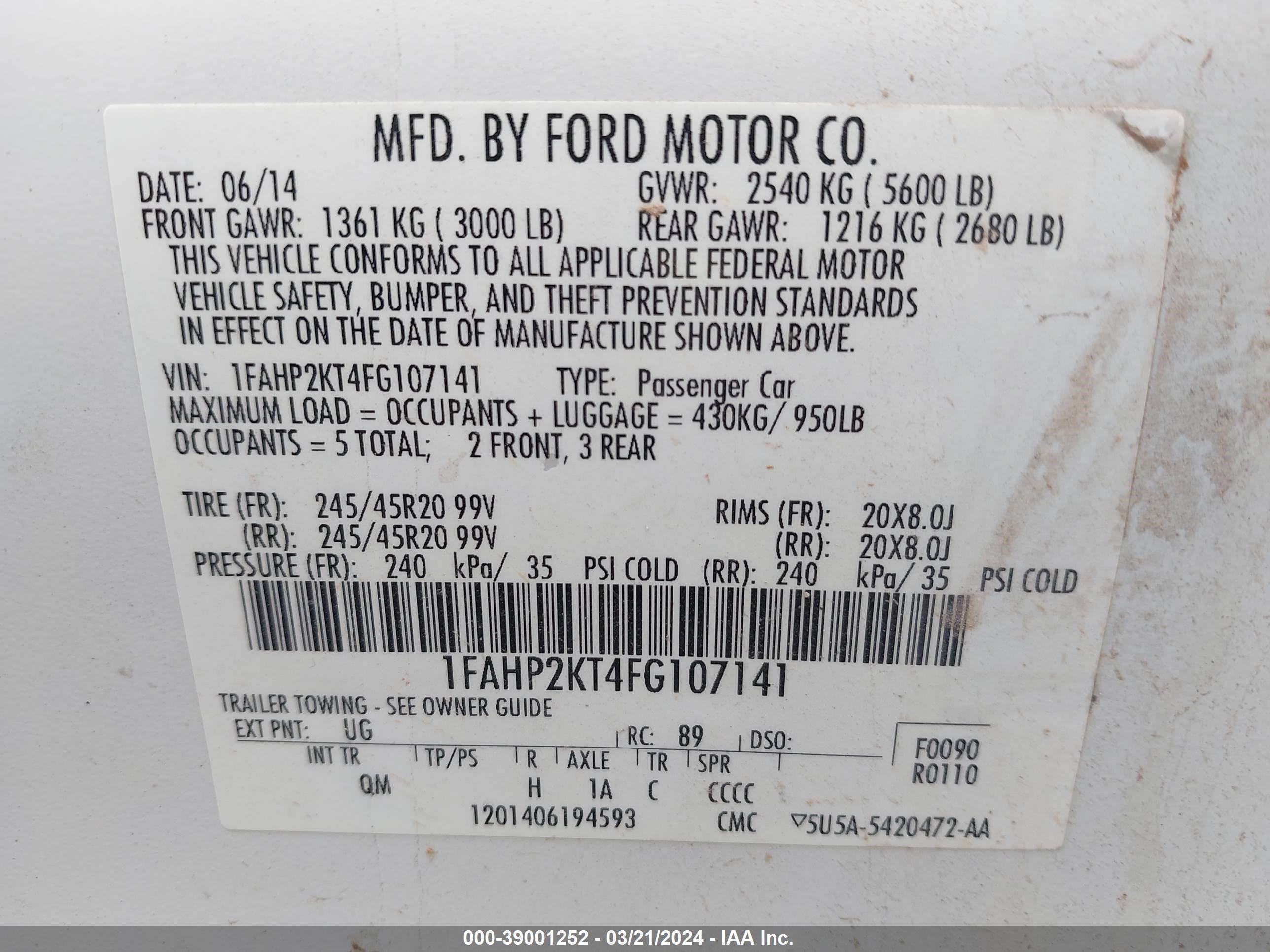 2015 Ford Taurus Sho vin: 1FAHP2KT4FG107141