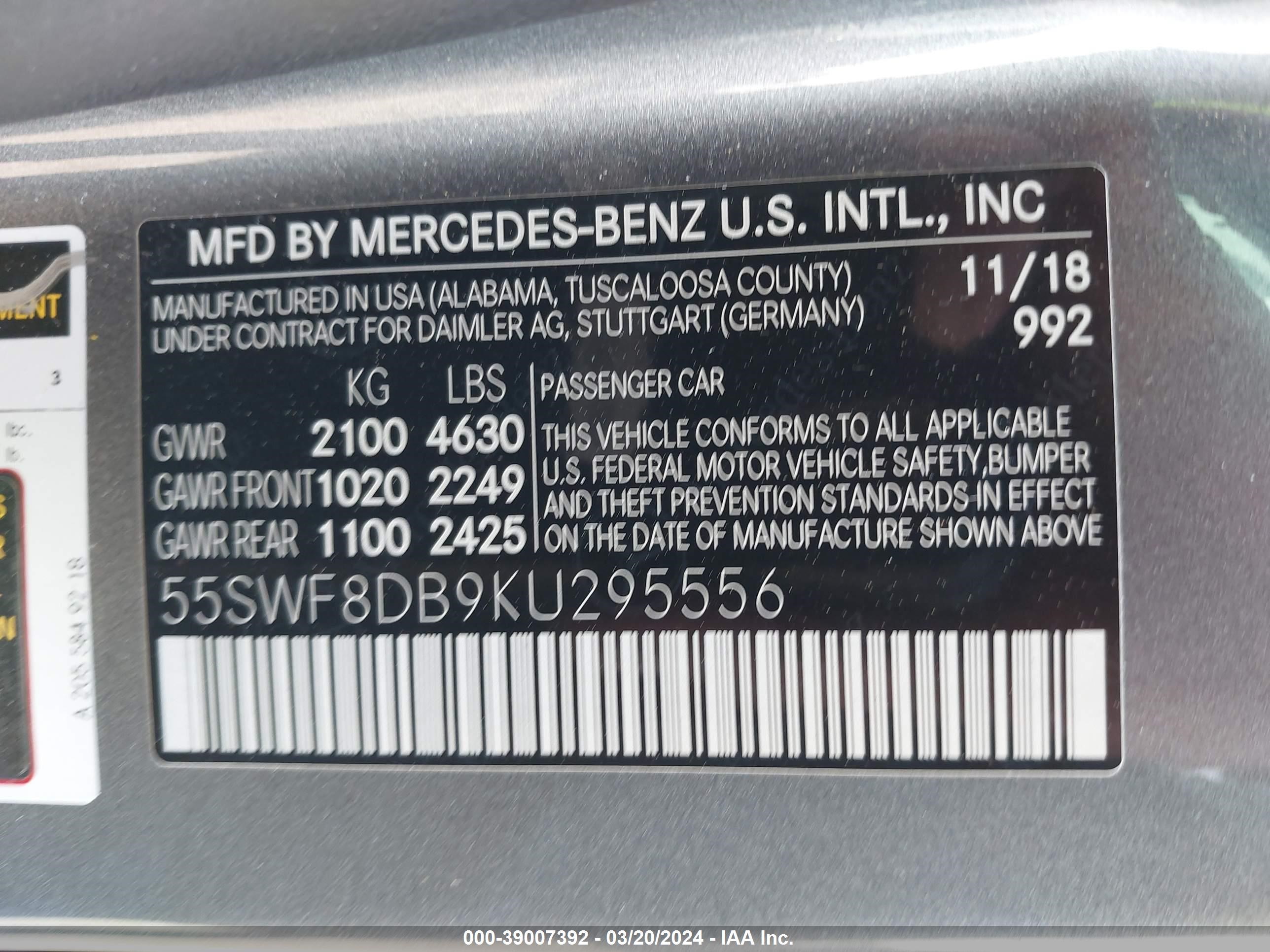 2019 Mercedes-Benz C 300 vin: 55SWF8DB9KU295556