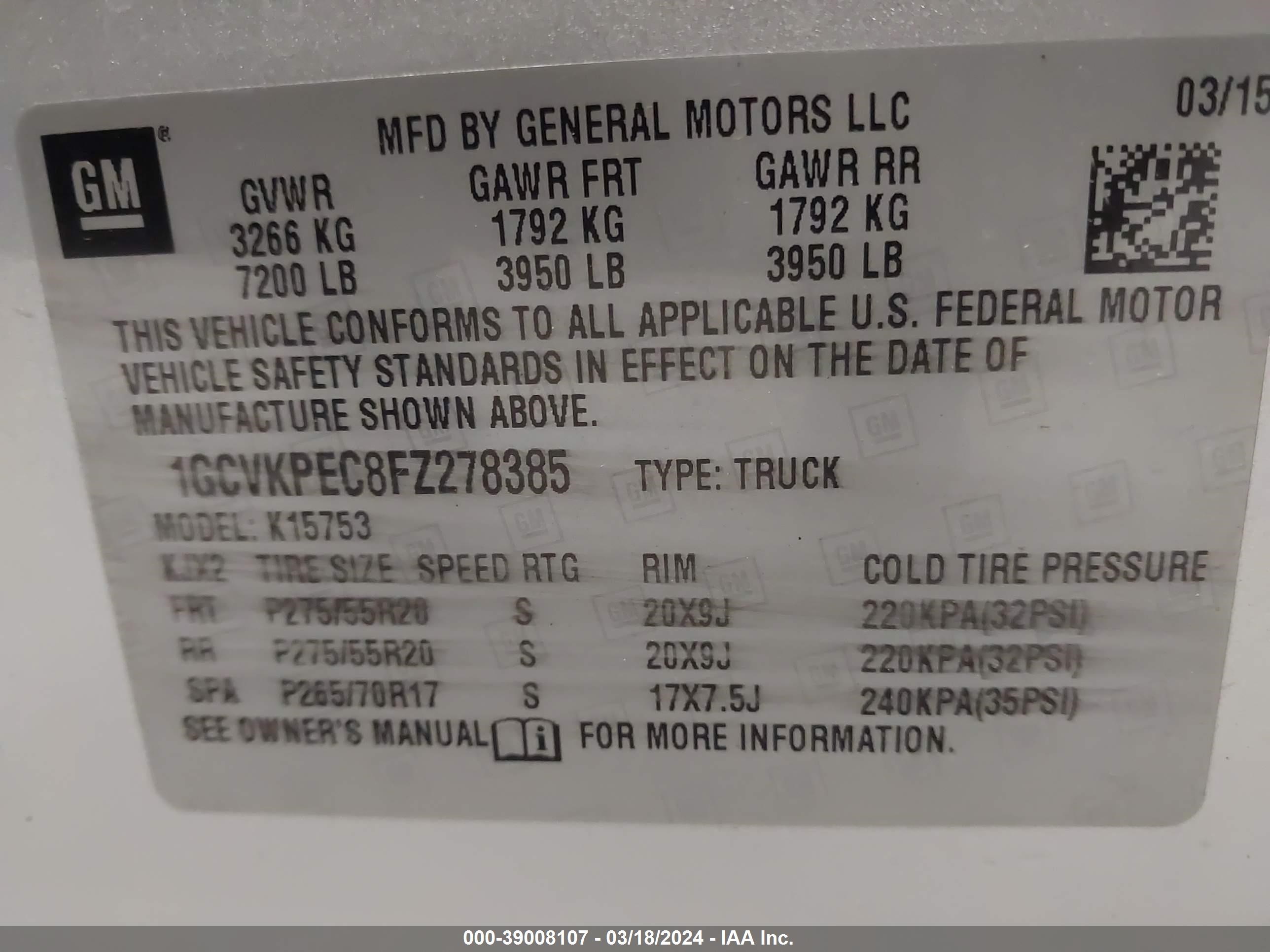 2015 Chevrolet Silverado 1500 Ls vin: 1GCVKPEC8FZ278385