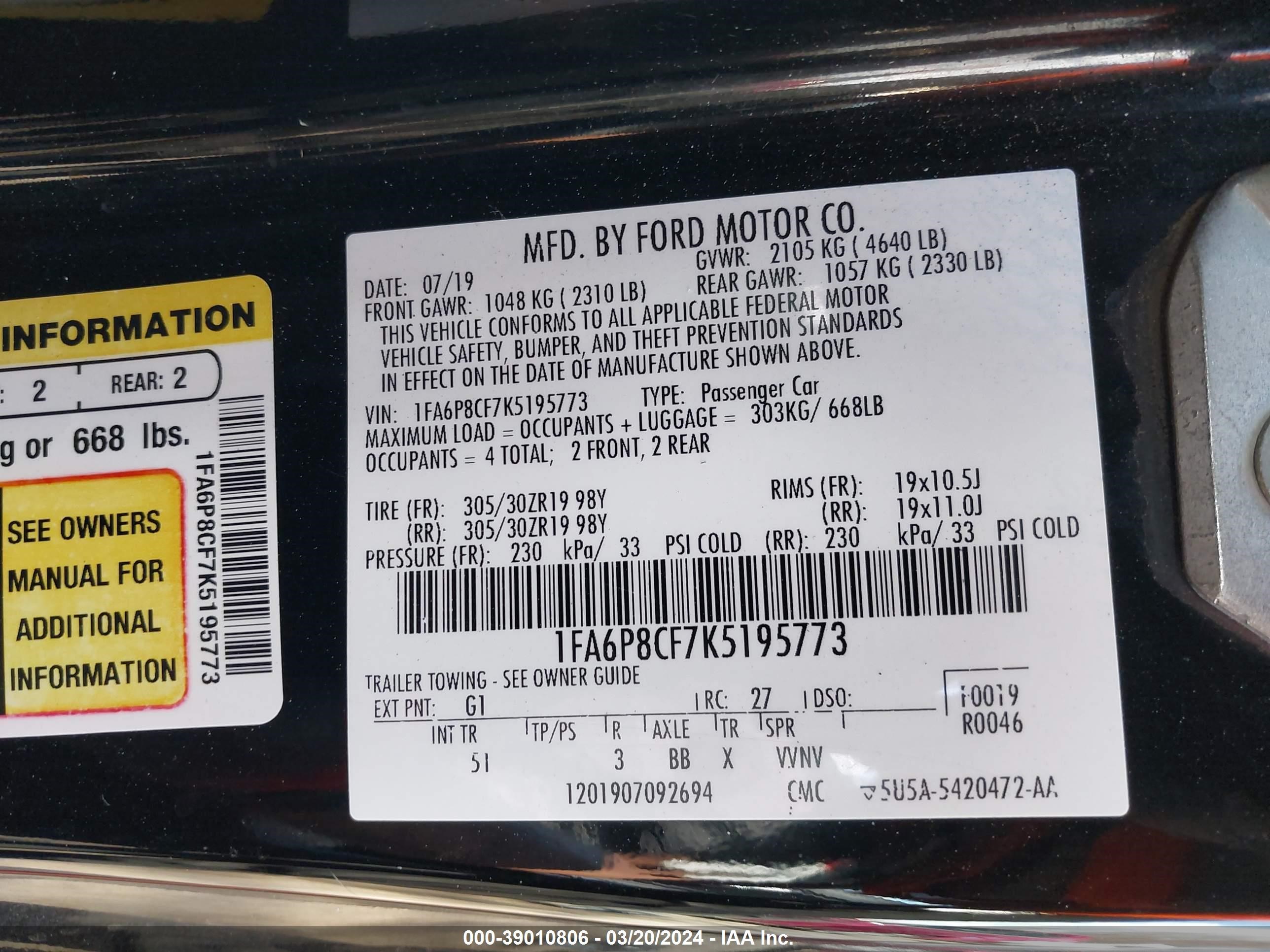 2019 Ford Mustang Gt Premium vin: 1FA6P8CF7K5195773
