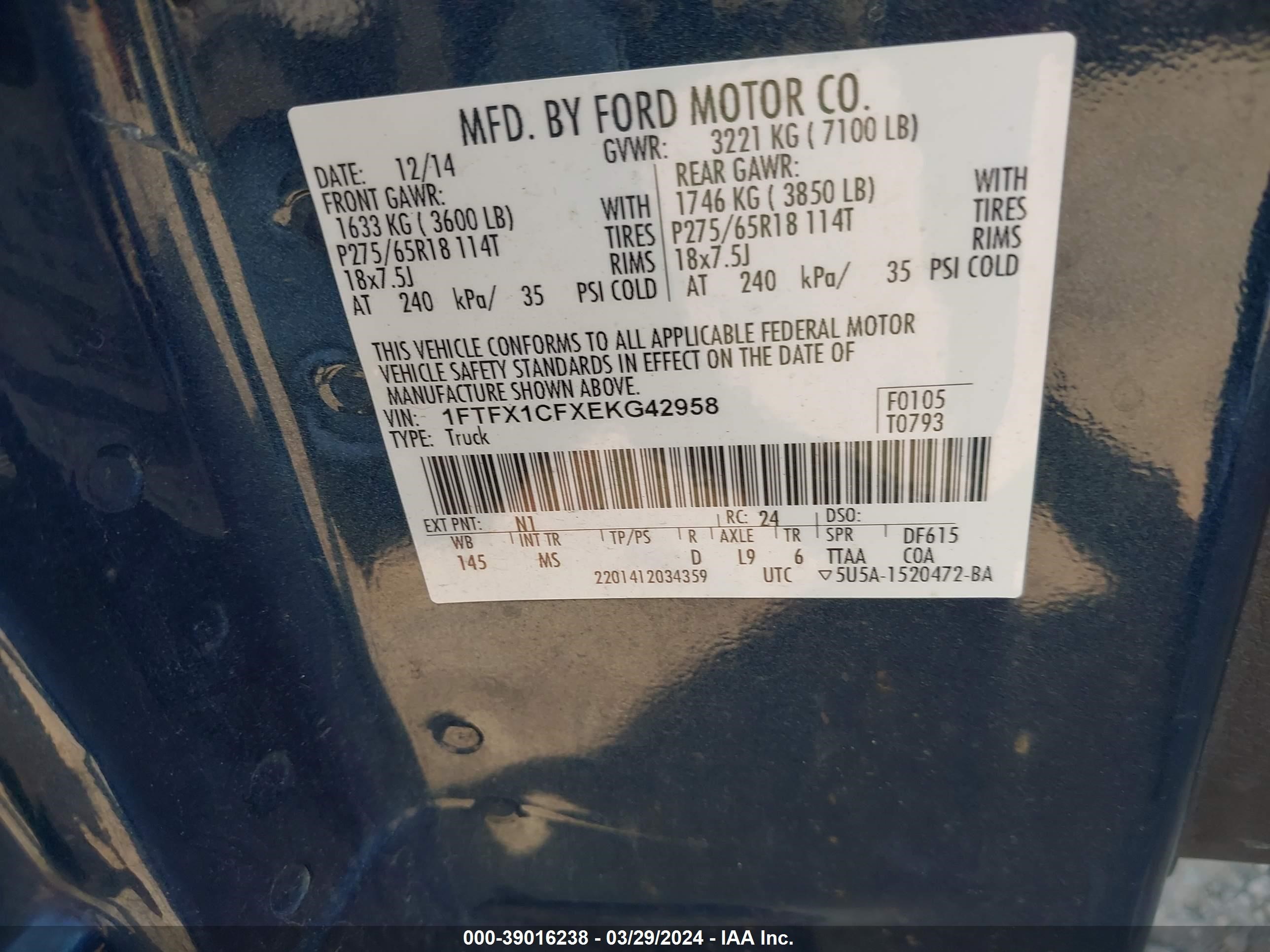 2014 Ford F-150 Xlt vin: 1FTFX1CFXEKG42958