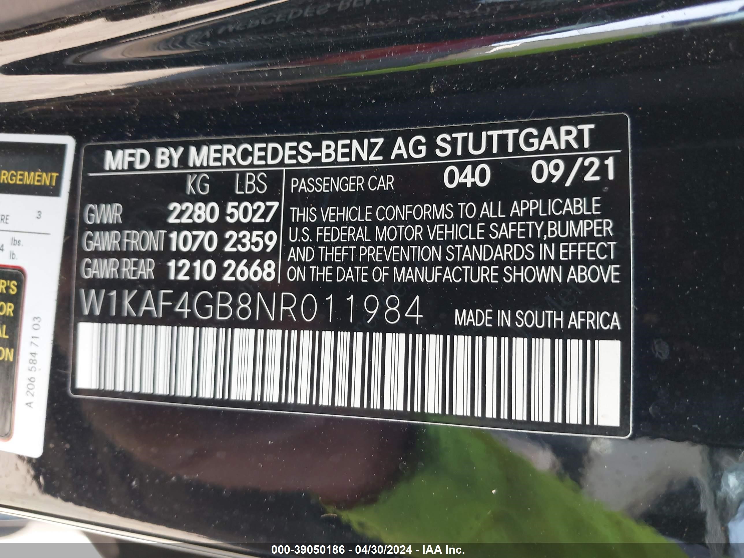 2022 Mercedes-Benz C 300 Sedan vin: W1KAF4GB8NR011984
