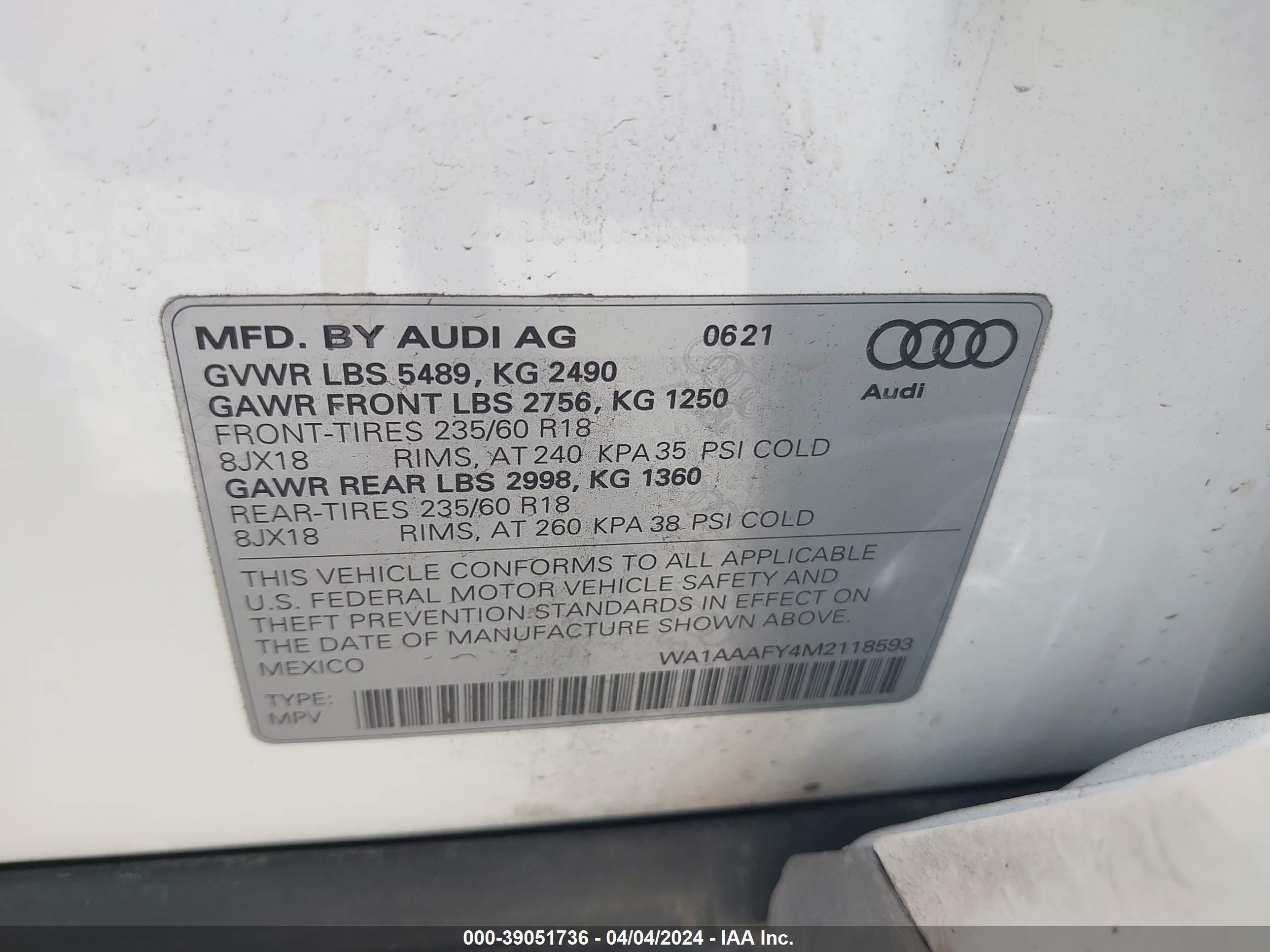 2021 Audi Q5 Premium 45 Tfsi Quattro S Tronic vin: WA1AAAFY4M2118593