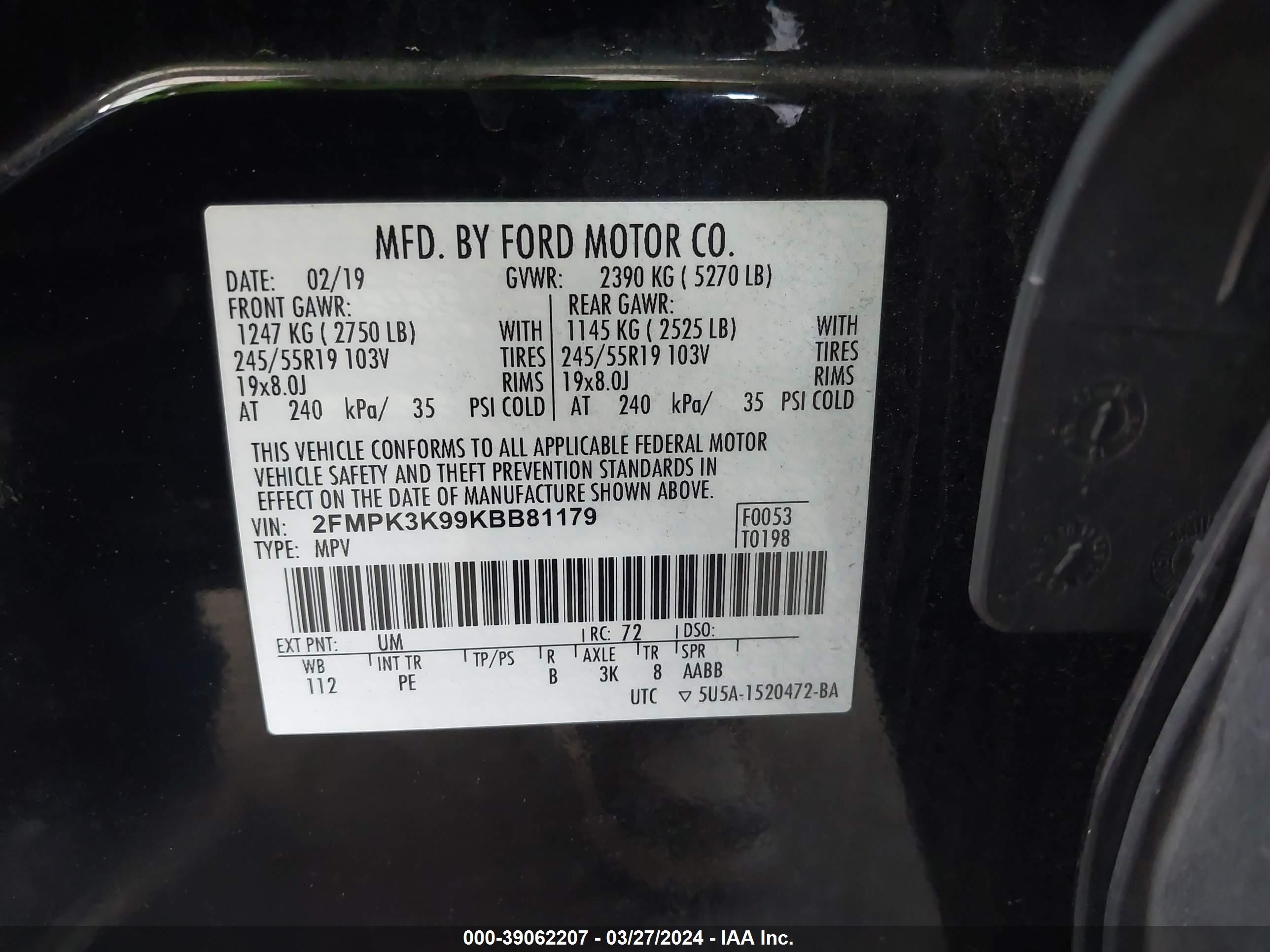 2019 Ford Edge Titanium vin: 2FMPK3K99KBB81179