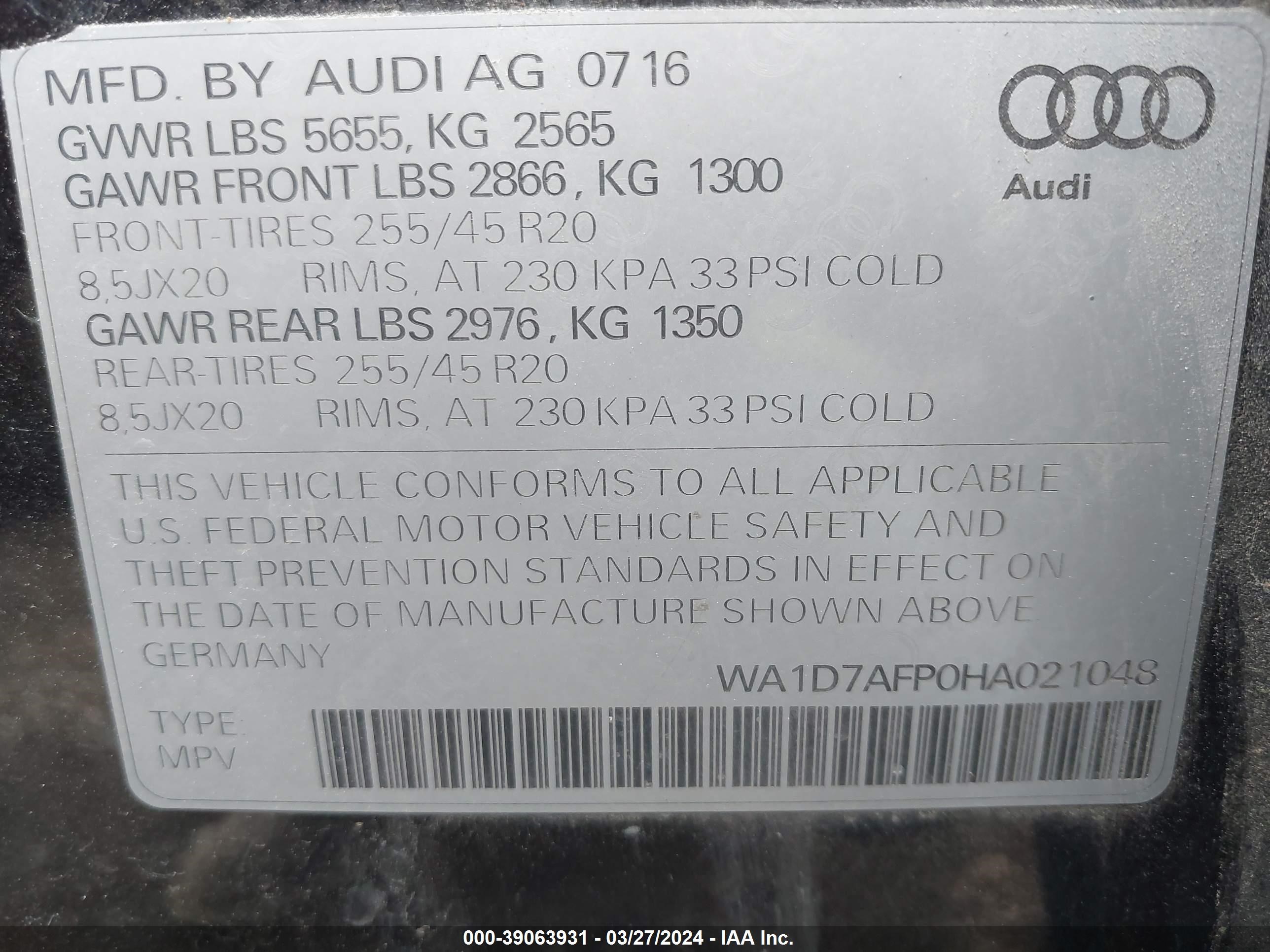 2017 Audi Q5 3.0T Premium Plus vin: WA1D7AFP0HA021048