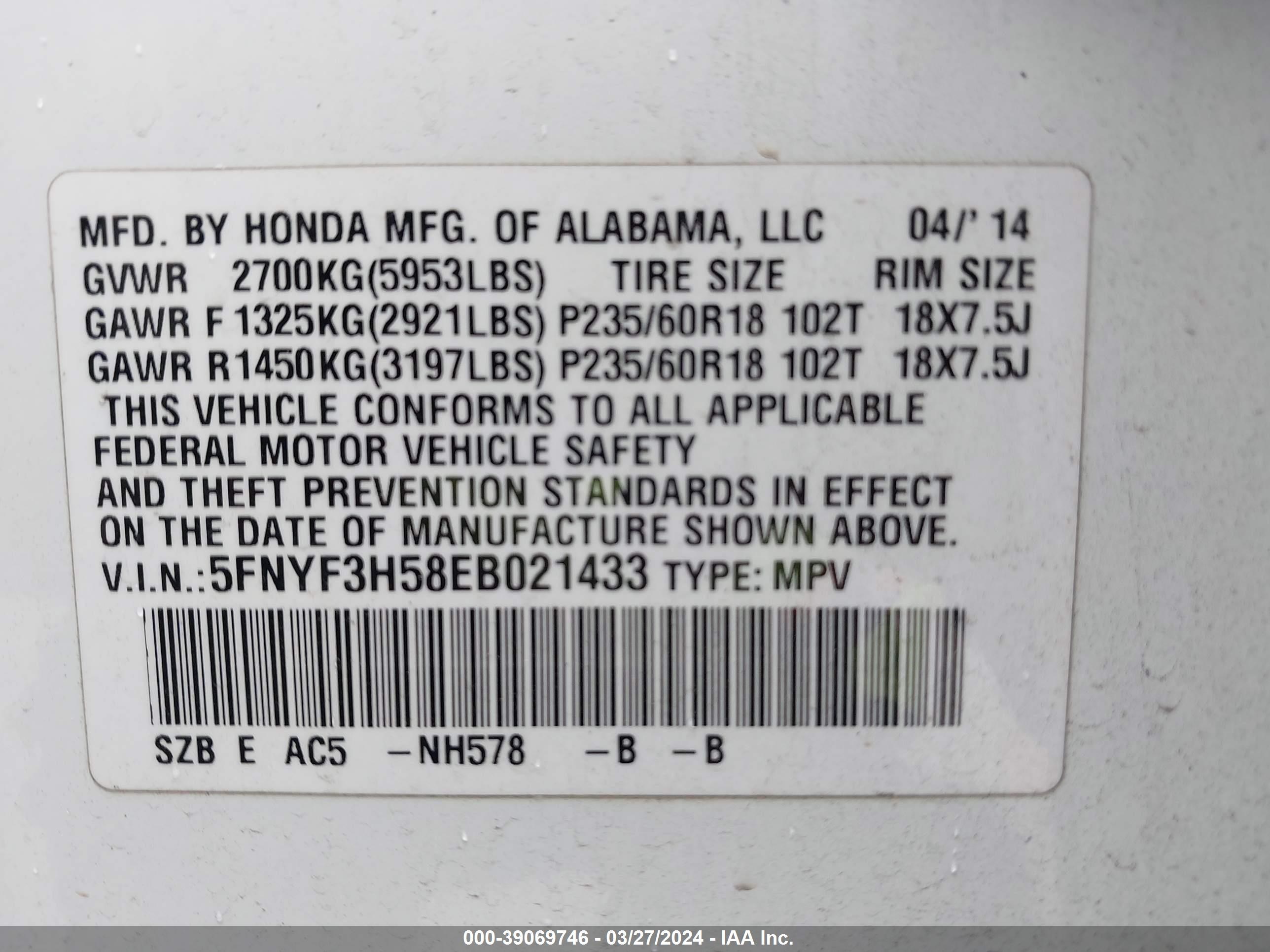 2014 Honda Pilot Ex-L vin: 5FNYF3H58EB021433