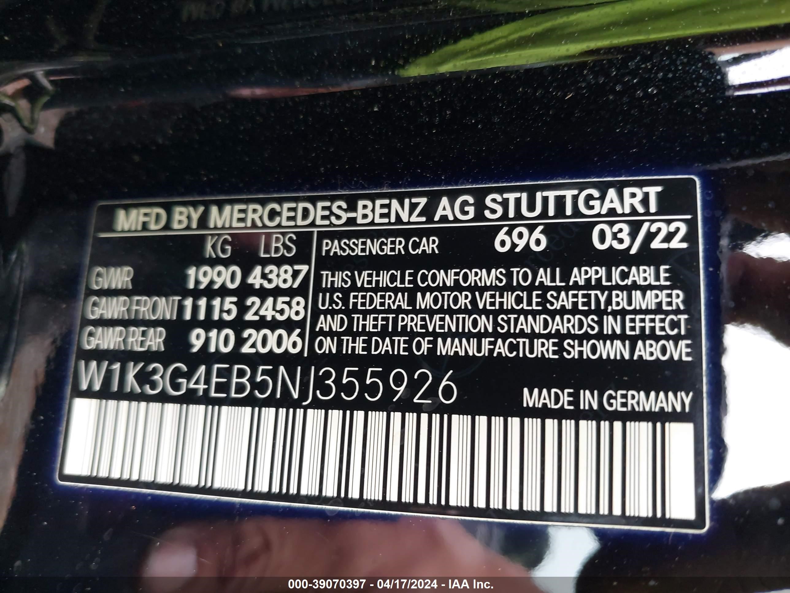 2022 Mercedes-Benz A 220 vin: W1K3G4EB5NJ355926