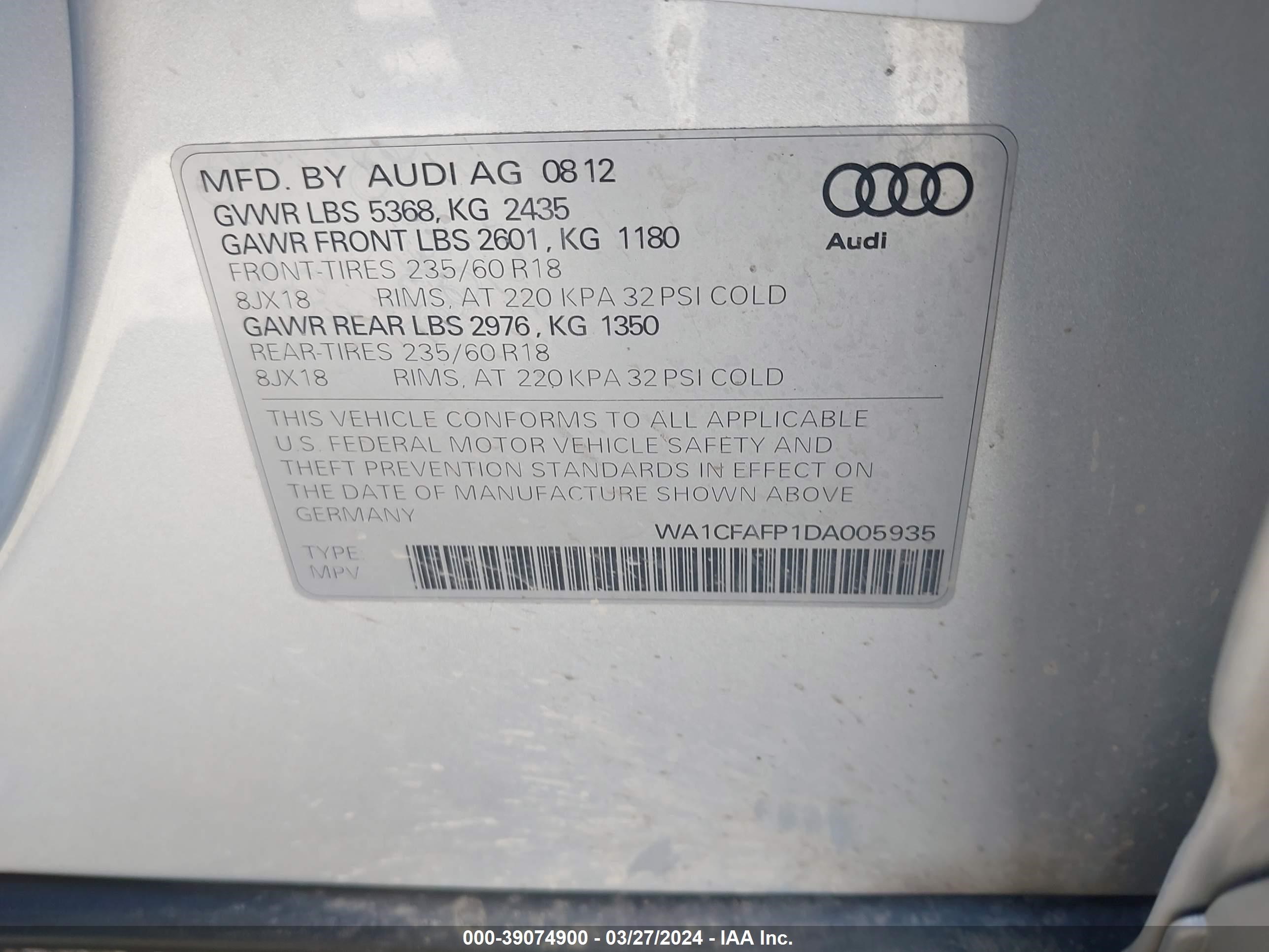 2013 Audi Q5 2.0T Premium vin: WA1CFAFP1DA005935