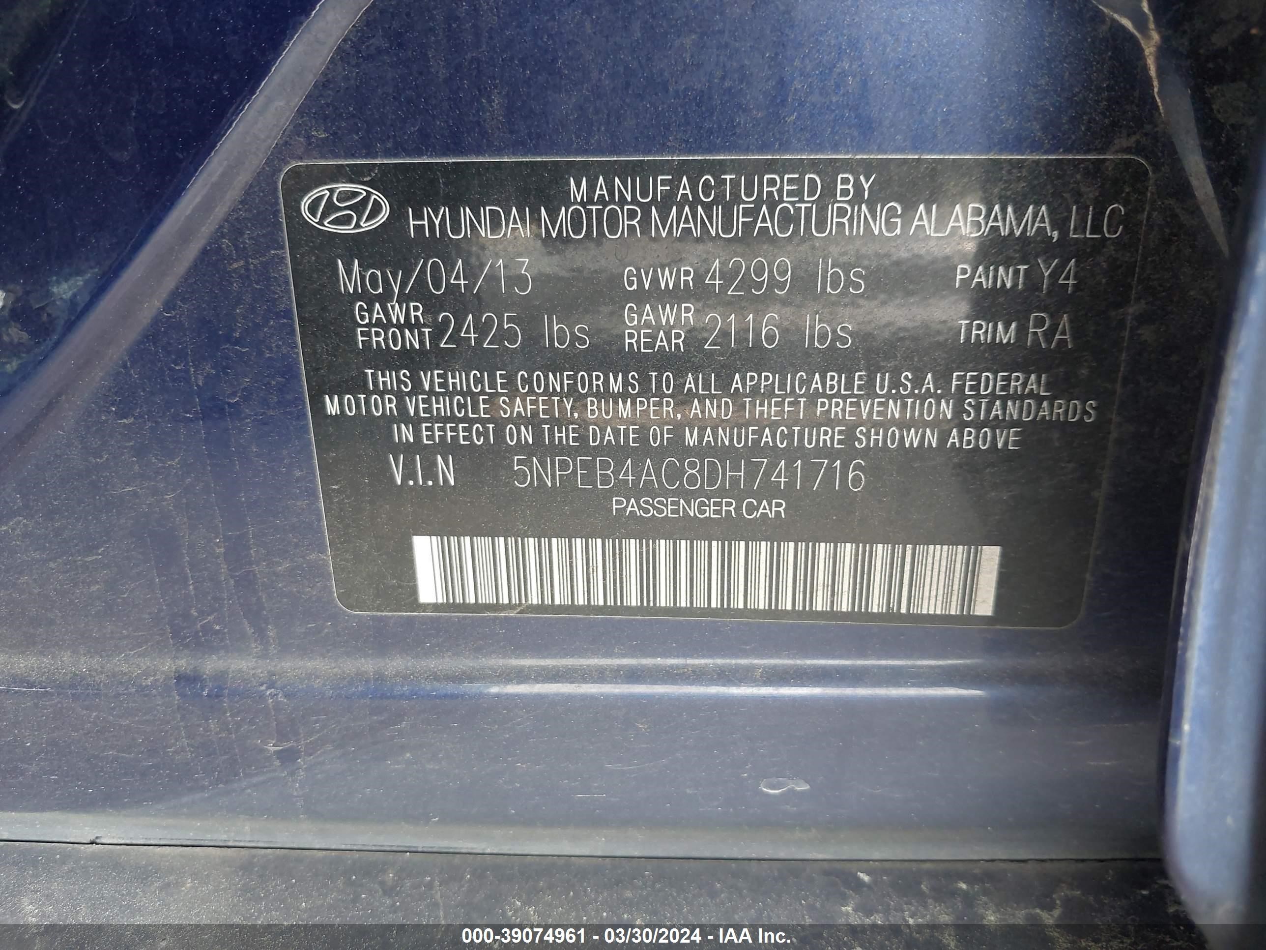 5NPEB4AC8DH741716 2013 Hyundai Sonata Gls