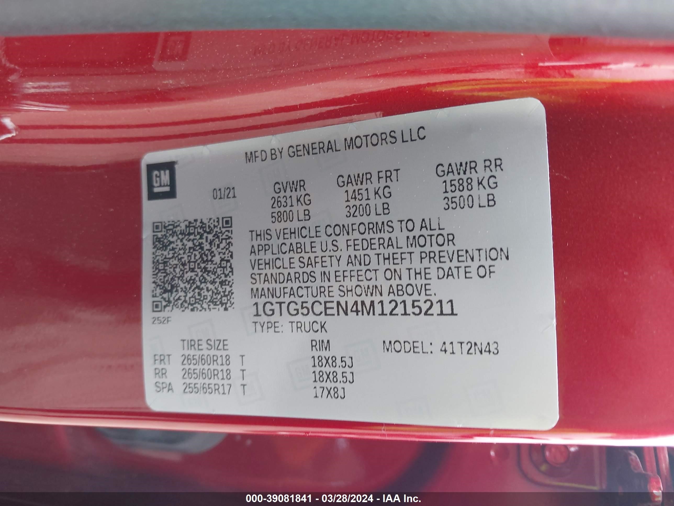 2021 GMC Canyon vin: 1GTG5CEN4M1215211