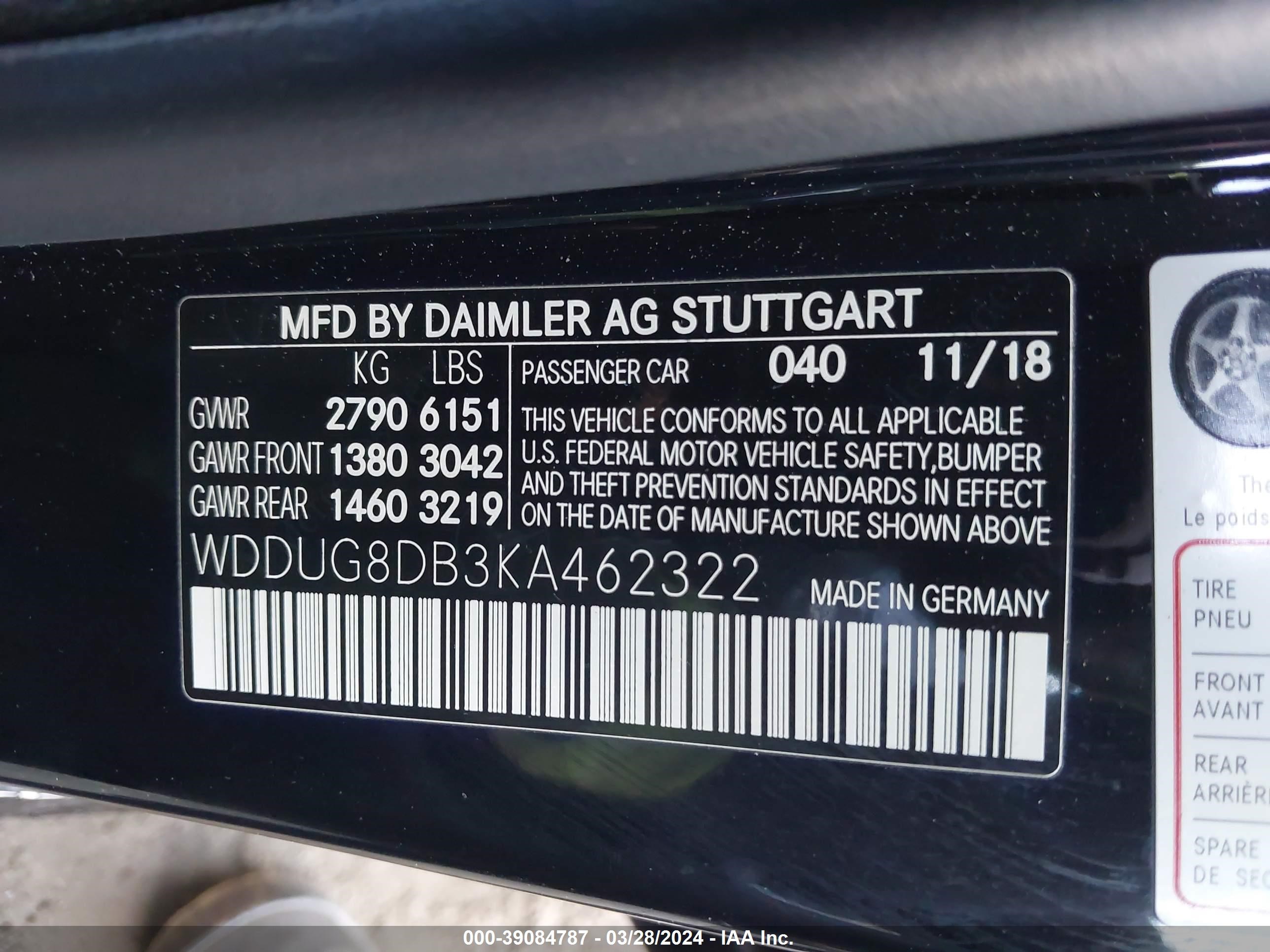 2019 Mercedes-Benz S 560 vin: WDDUG8DB3KA462322