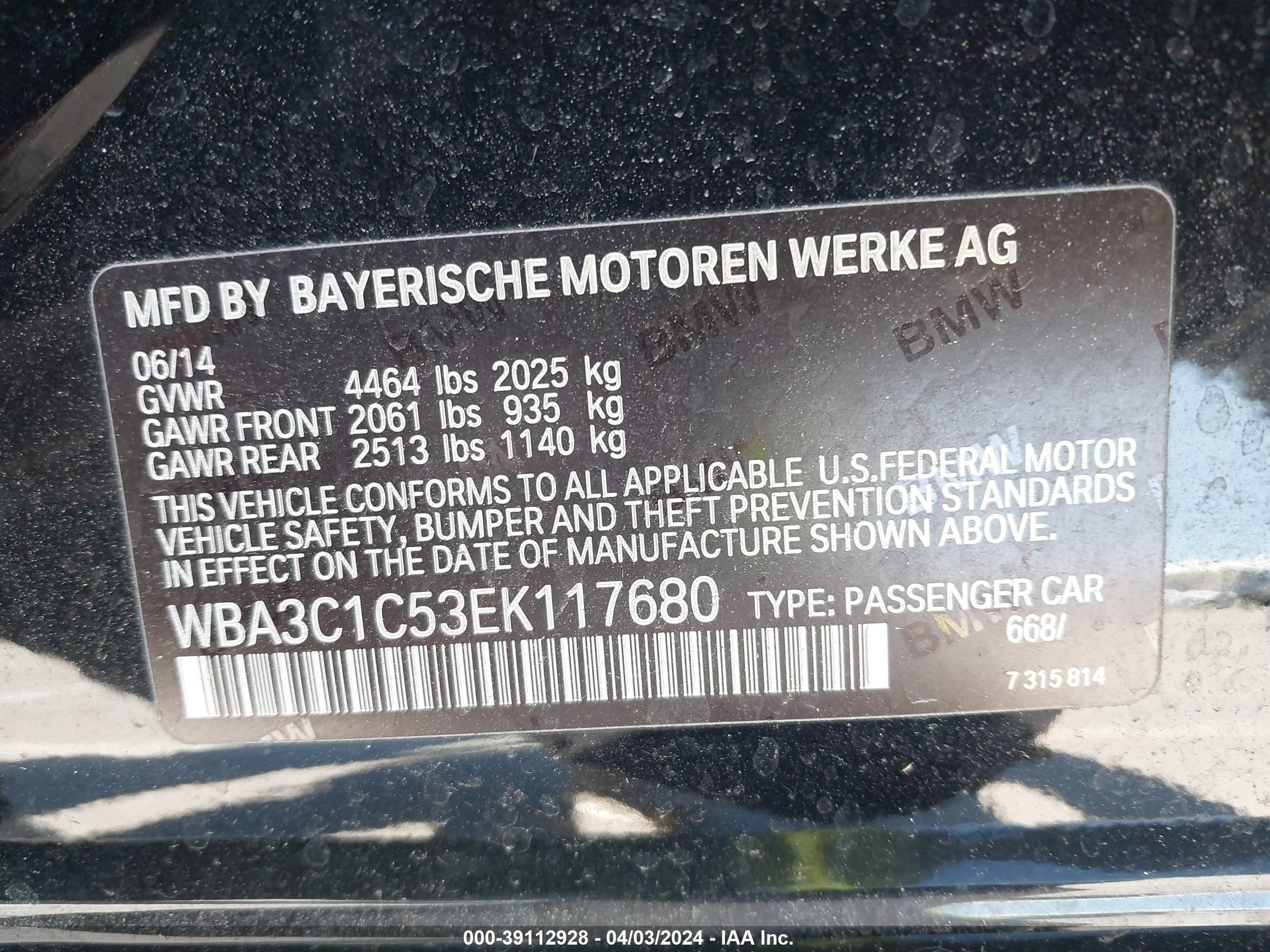 WBA3C1C53EK117680 2014 BMW 328I