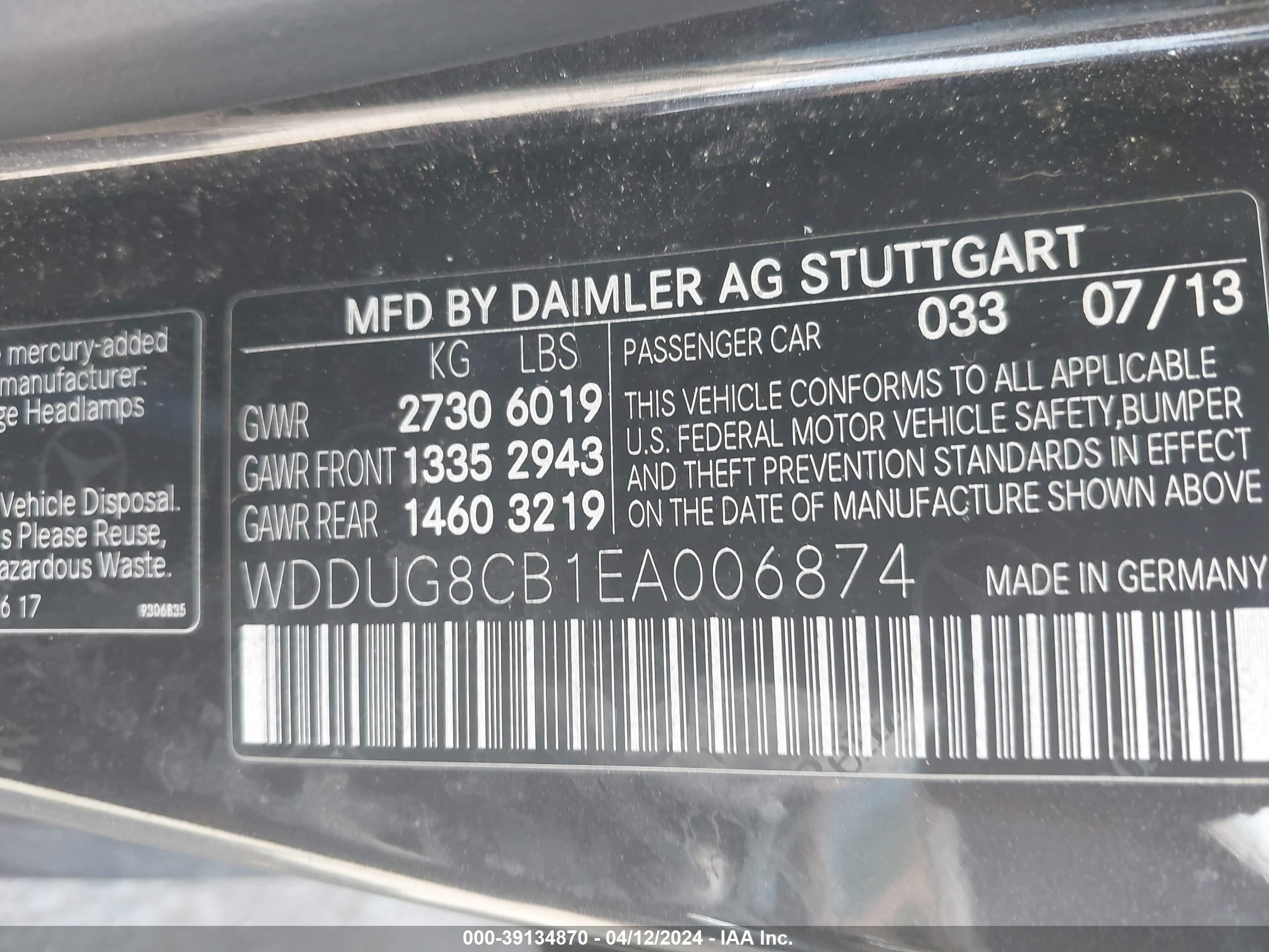 2014 Mercedes-Benz S 550 vin: WDDUG8CB1EA006874