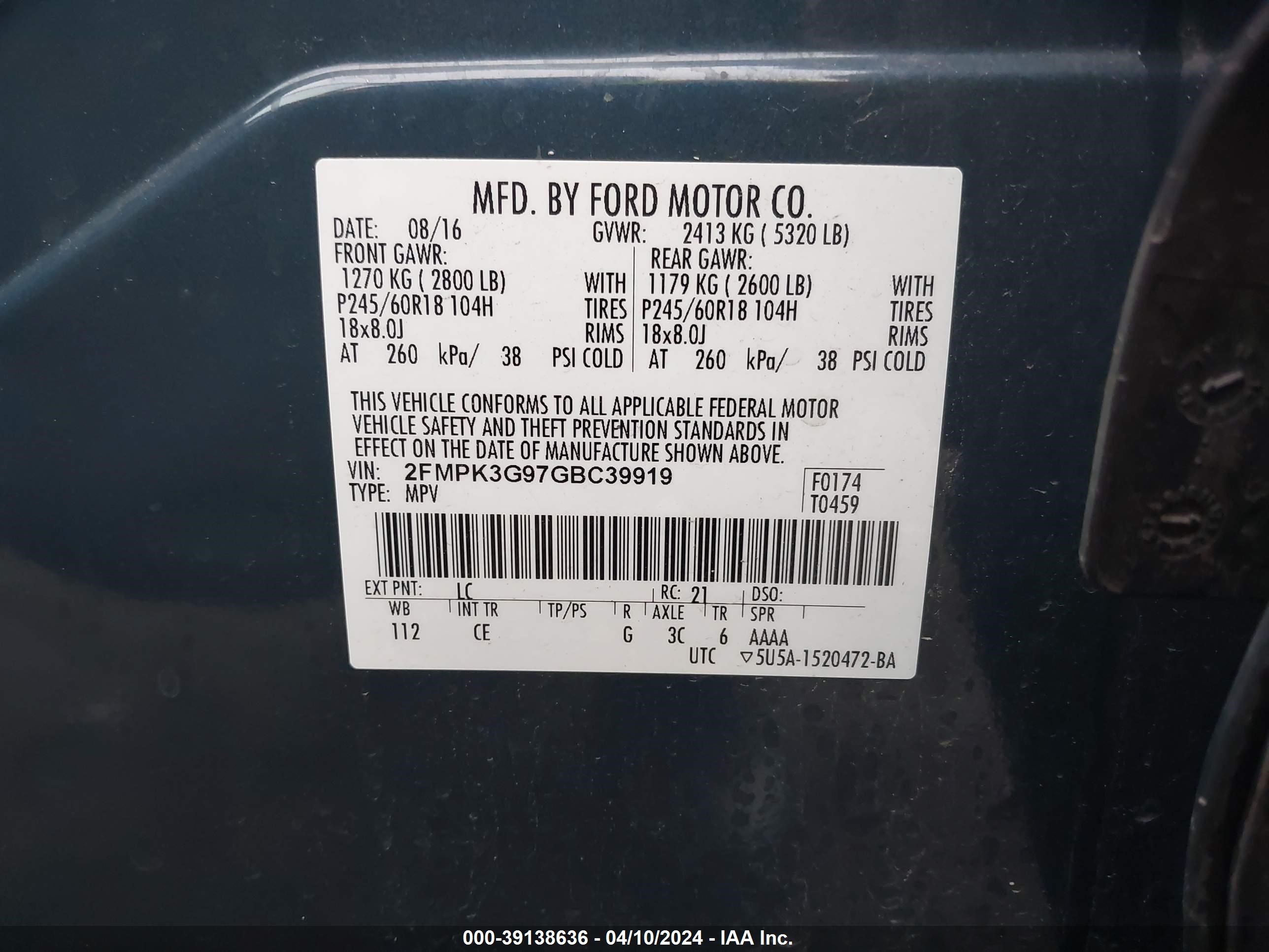 2016 Ford Edge Se vin: 2FMPK3G97GBC39919