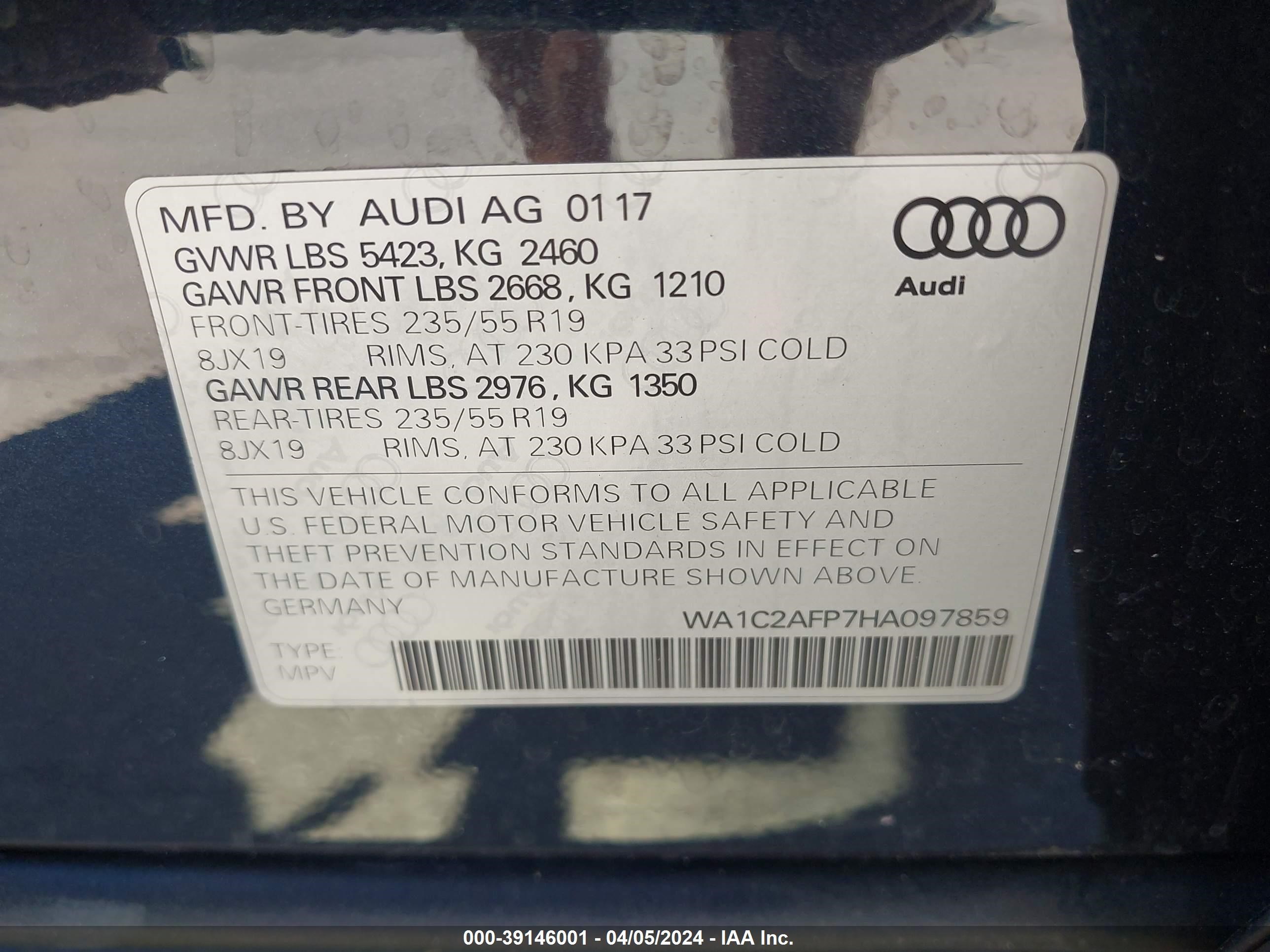 2017 Audi Q5 2.0T Premium vin: WA1C2AFP7HA097859