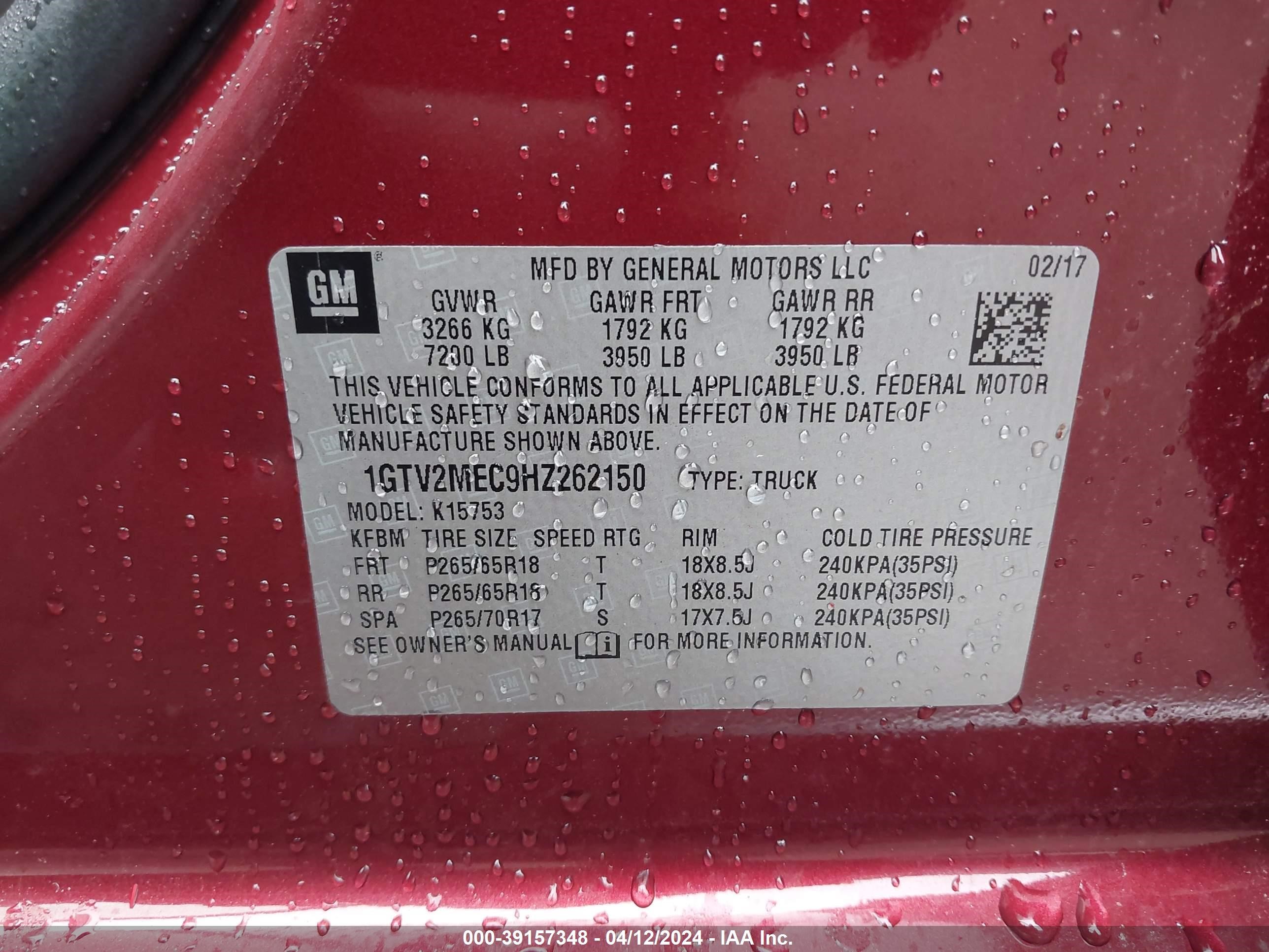 2017 GMC Sierra 1500 Sle vin: 1GTV2MEC9HZ262150