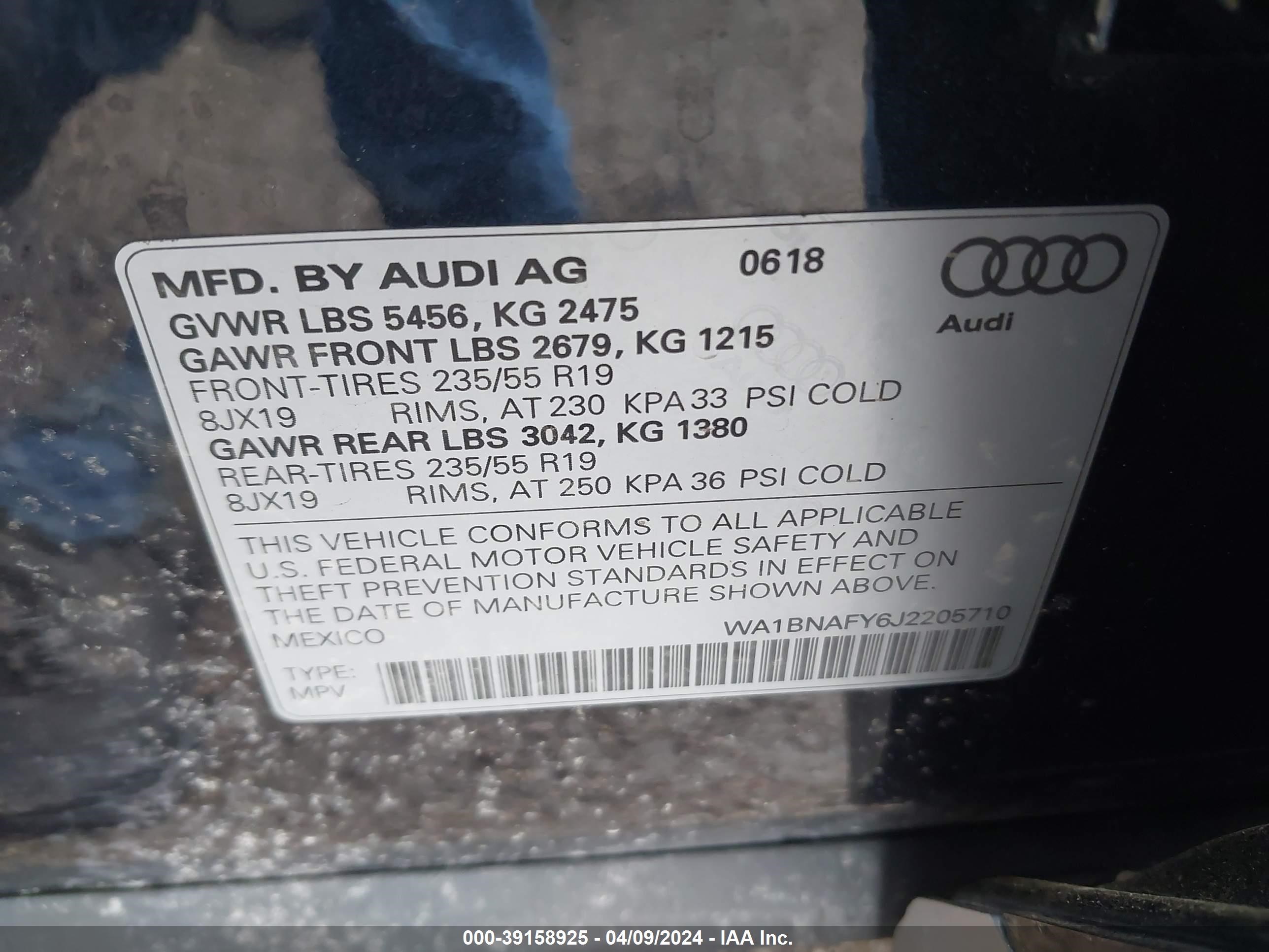 2018 Audi Q5 2.0T Premium/2.0T Tech Premium vin: WA1BNAFY6J2205710