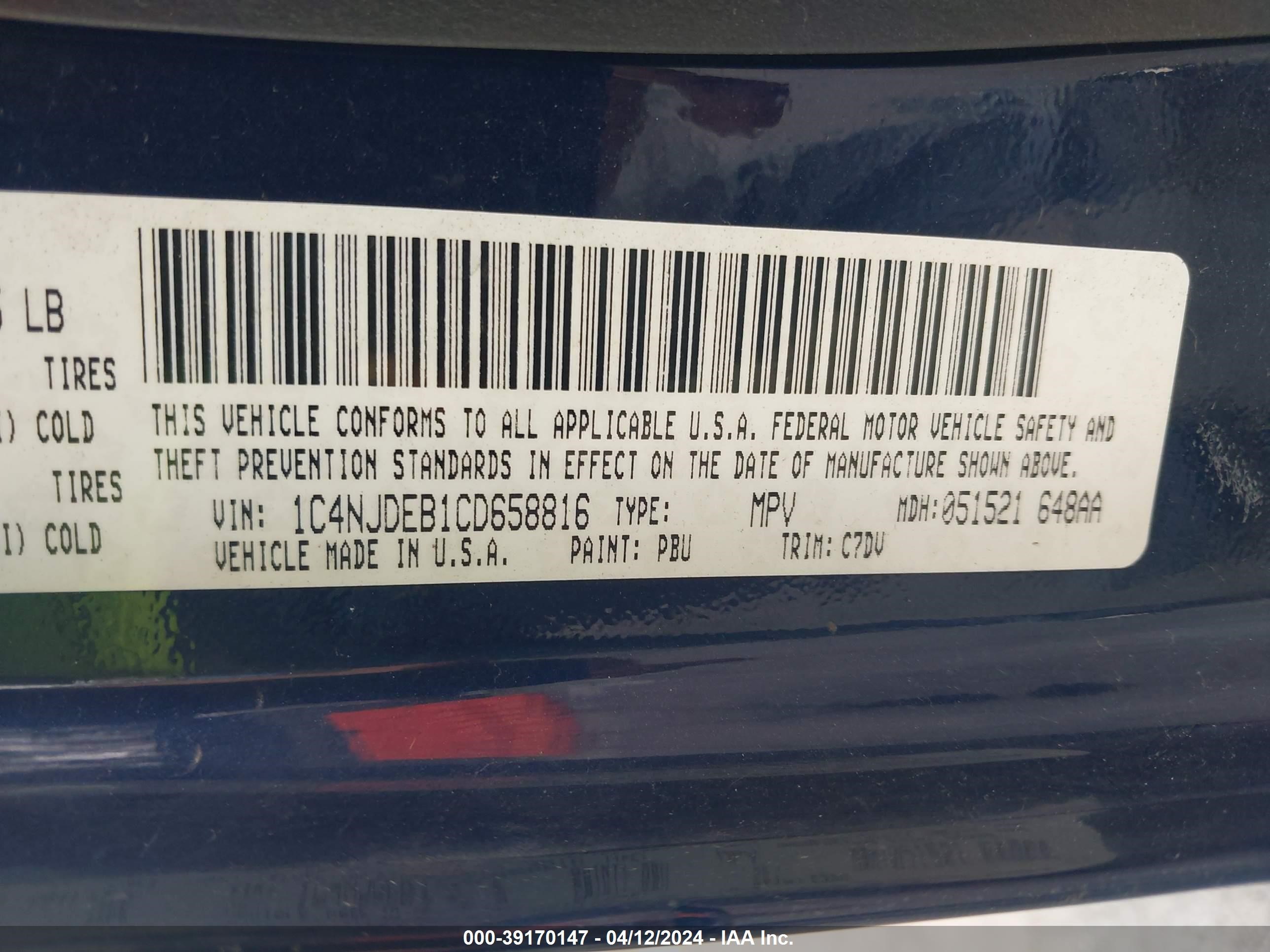 2012 Jeep Compass Latitude vin: 1C4NJDEB1CD658816