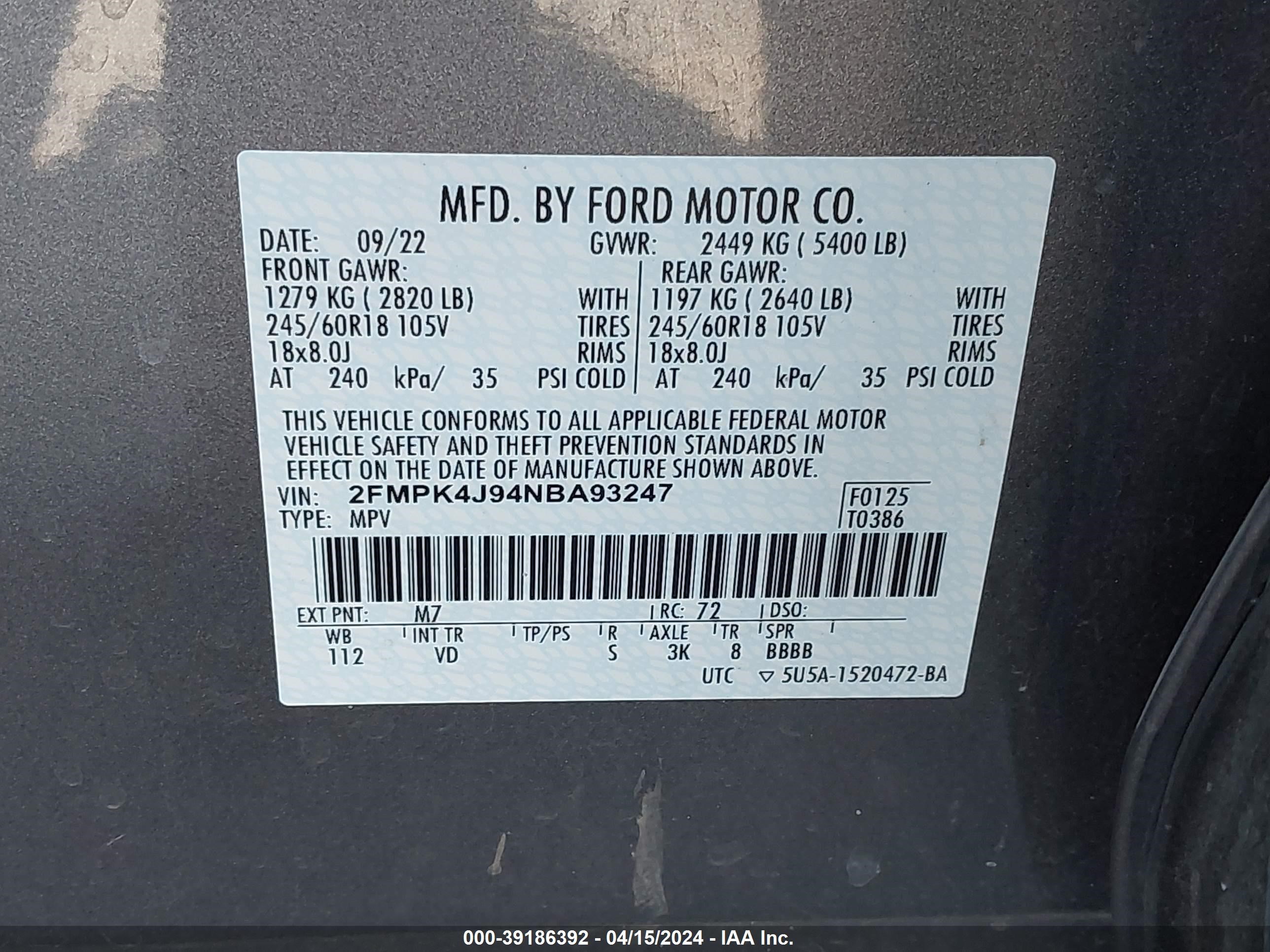 2022 Ford Edge Sel vin: 2FMPK4J94NBA93247