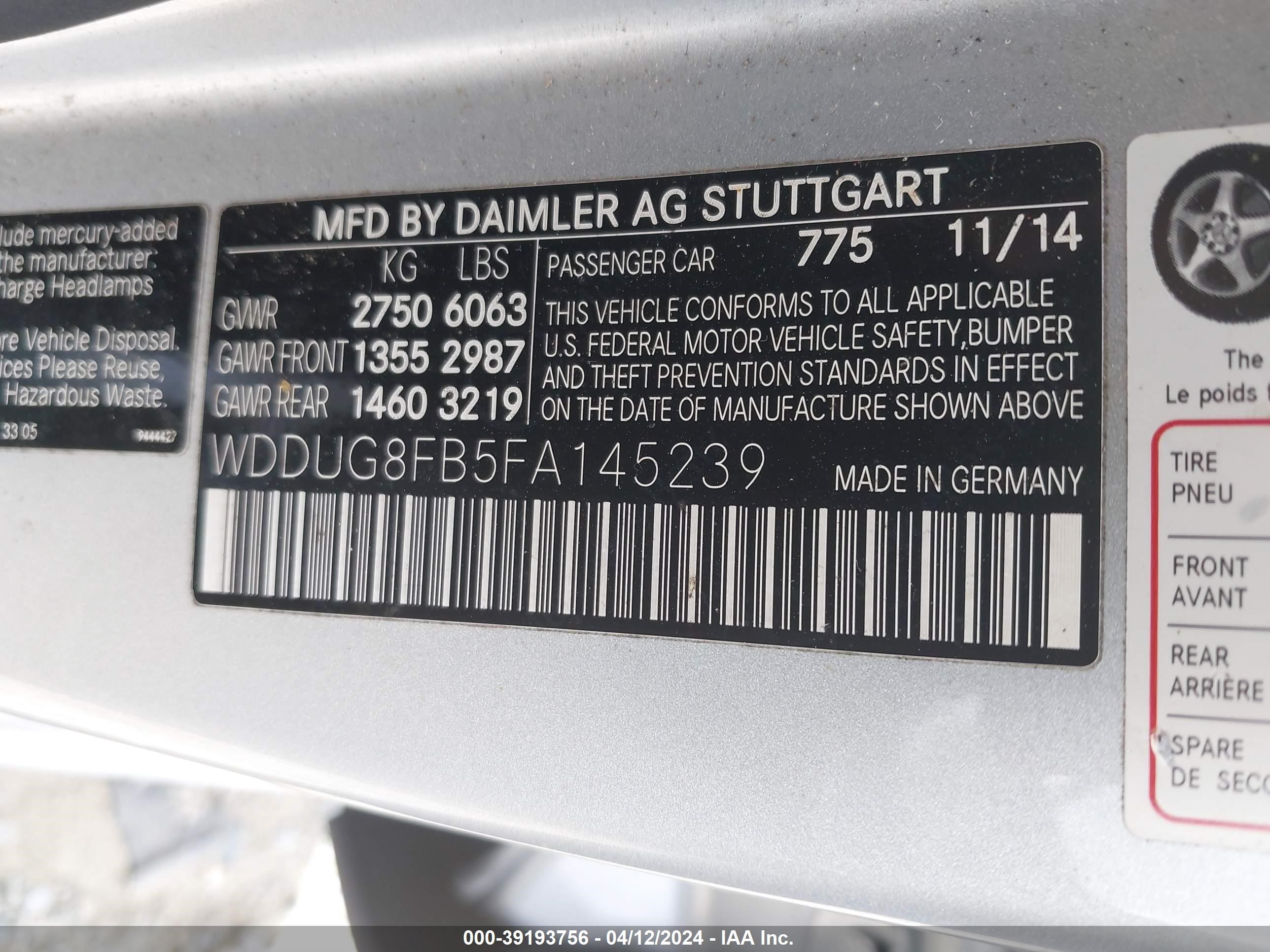 2015 Mercedes-Benz S 550 4Matic vin: WDDUG8FB5FA145239