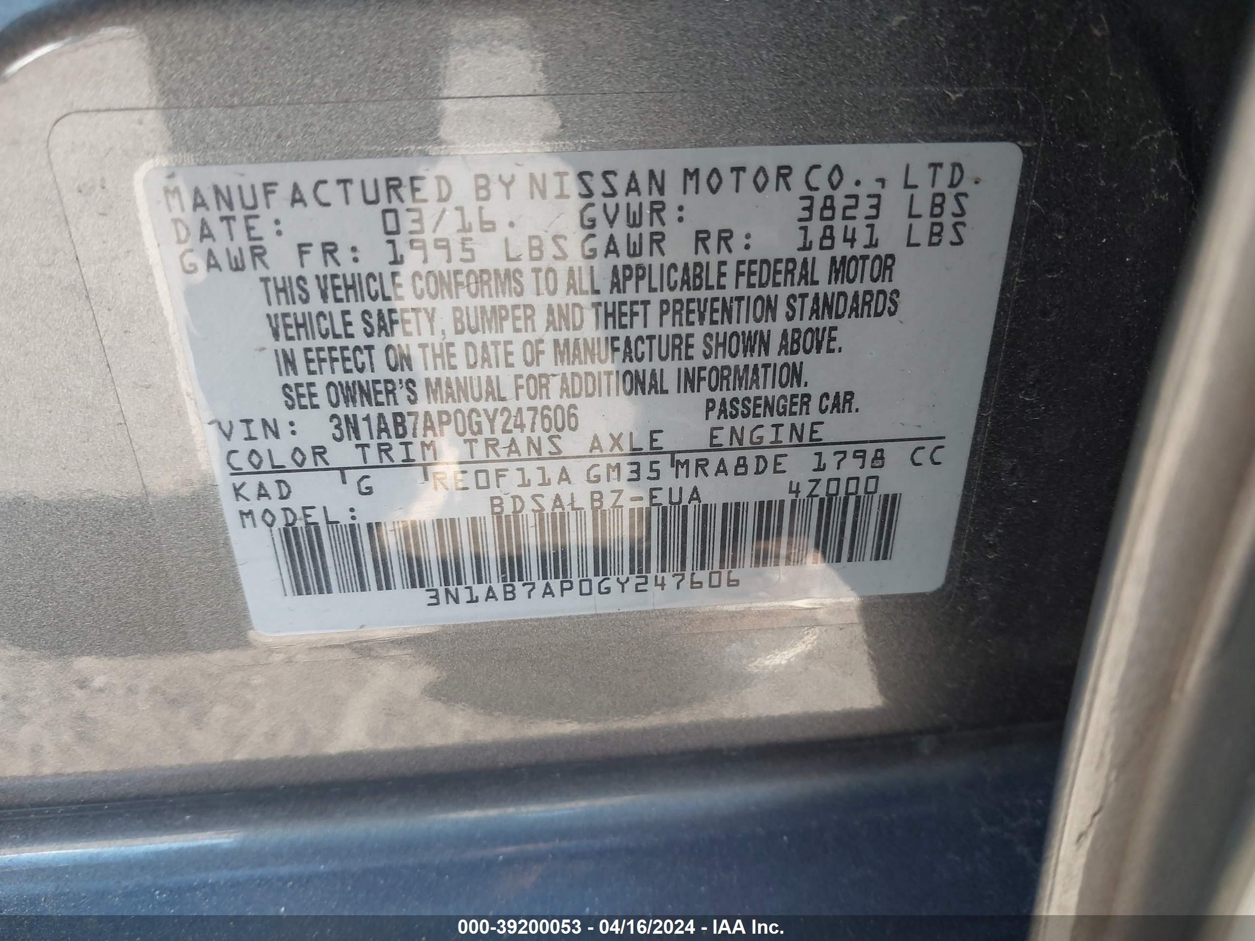 2016 Nissan Sentra Fe+ S/S/Sl/Sr/Sv vin: 3N1AB7AP0GY247606