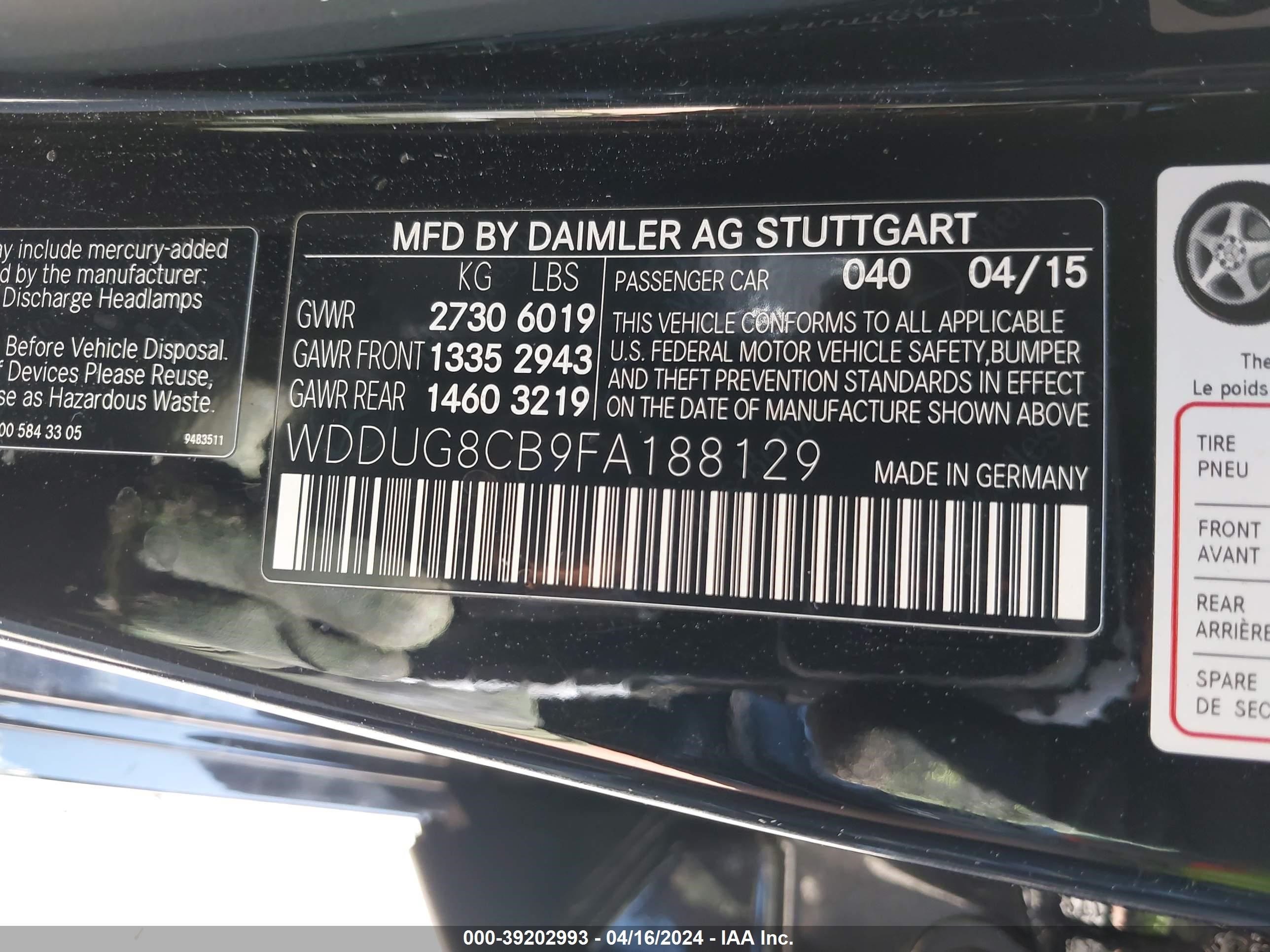 2015 Mercedes-Benz S 550 vin: WDDUG8CB9FA188129