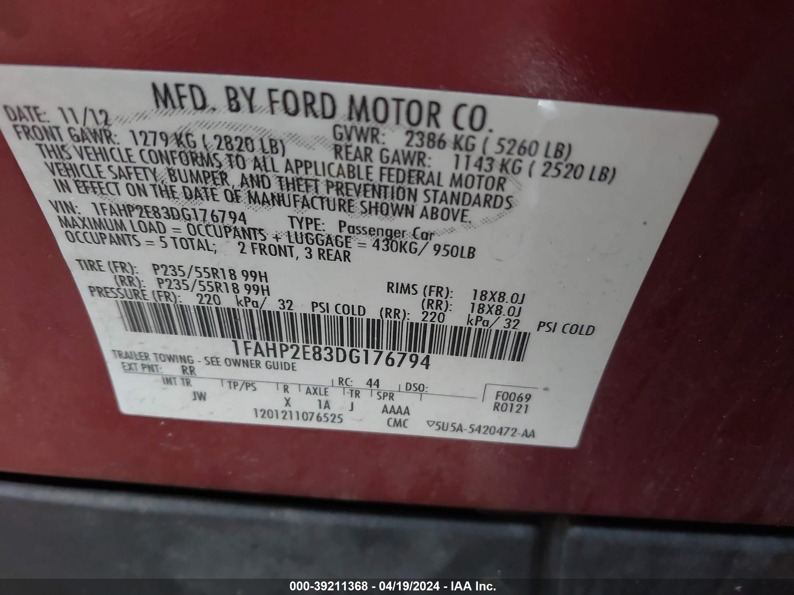 2013 Ford Taurus Sel vin: 1FAHP2E83DG176794