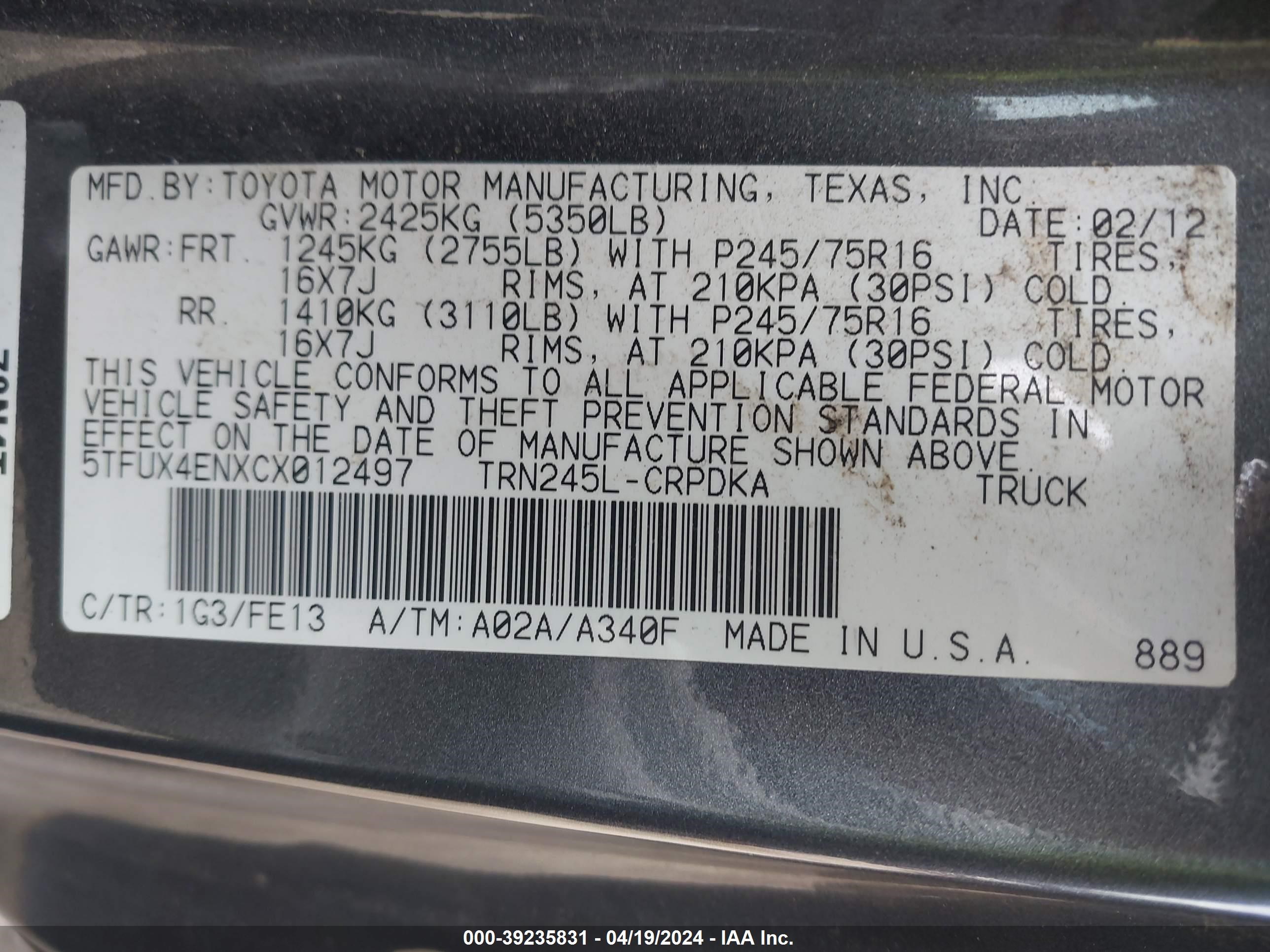 2012 Toyota Tacoma vin: 5TFUX4ENXCX012497