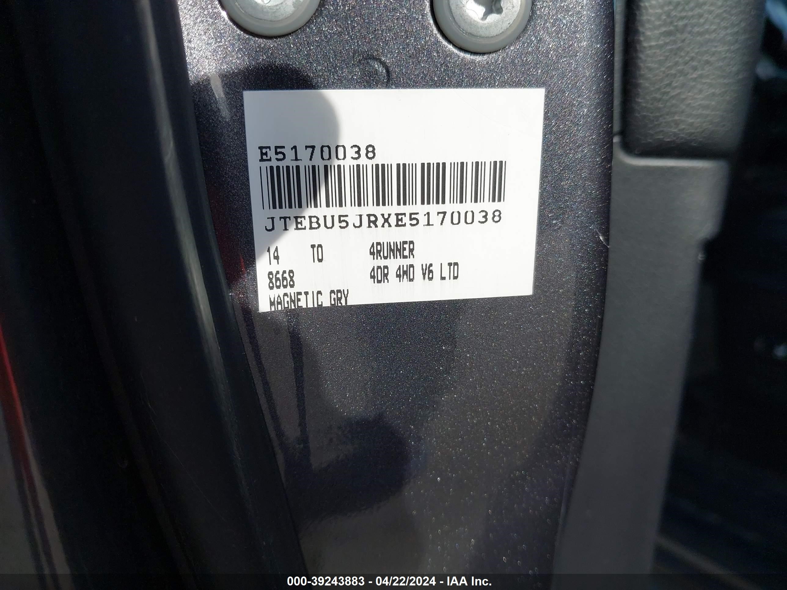 2014 Toyota 4Runner Limited vin: JTEBU5JRXE5170038
