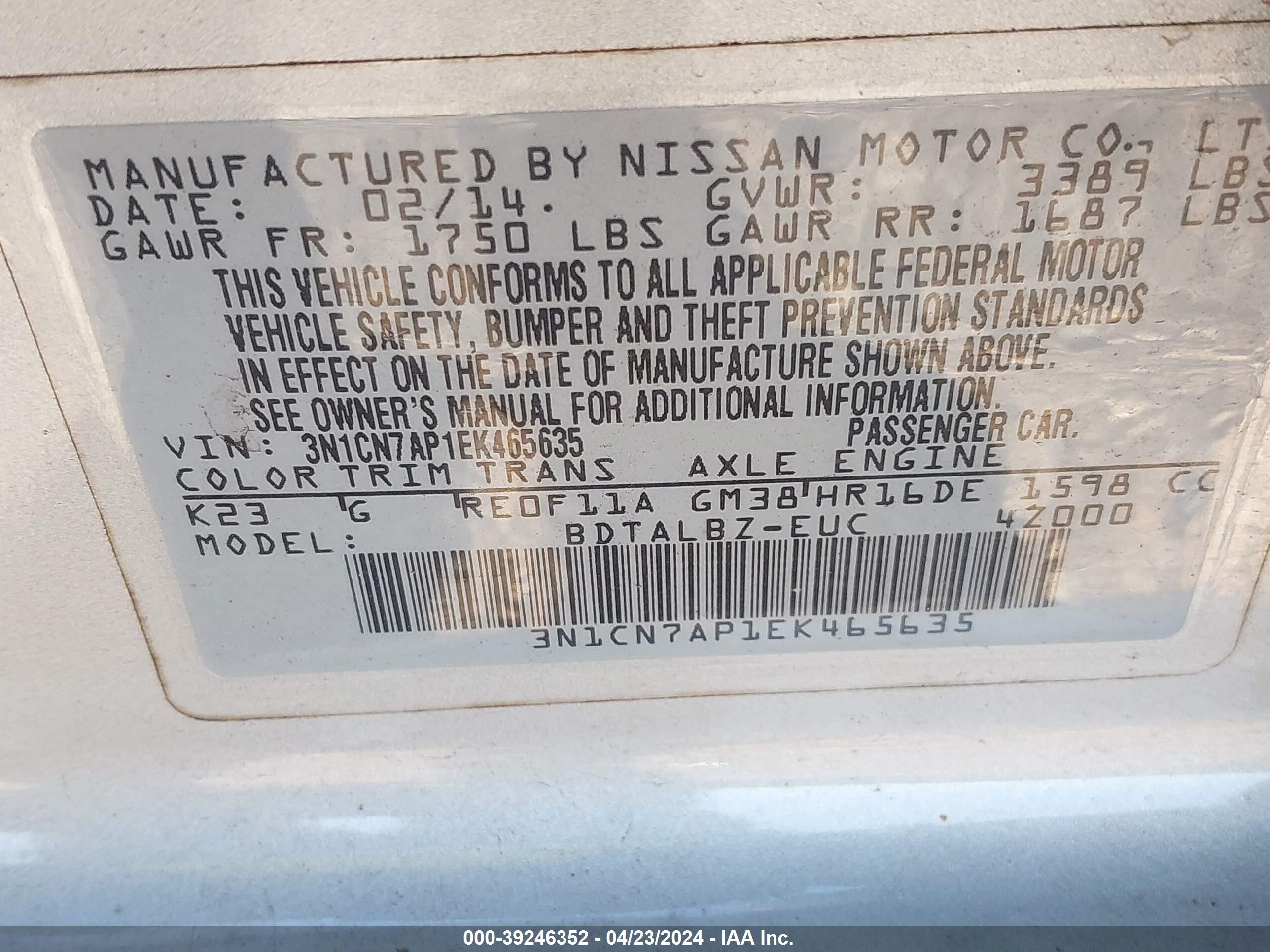 2014 Nissan Versa 1.6 Sv vin: 3N1CN7AP1EK465635