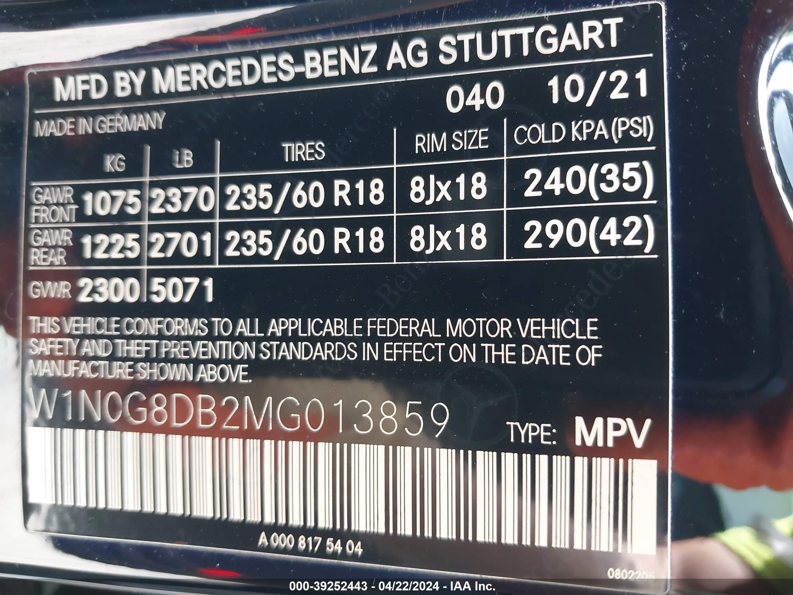 2021 Mercedes-Benz Glc 300 Suv vin: W1N0G8DB2MG013859