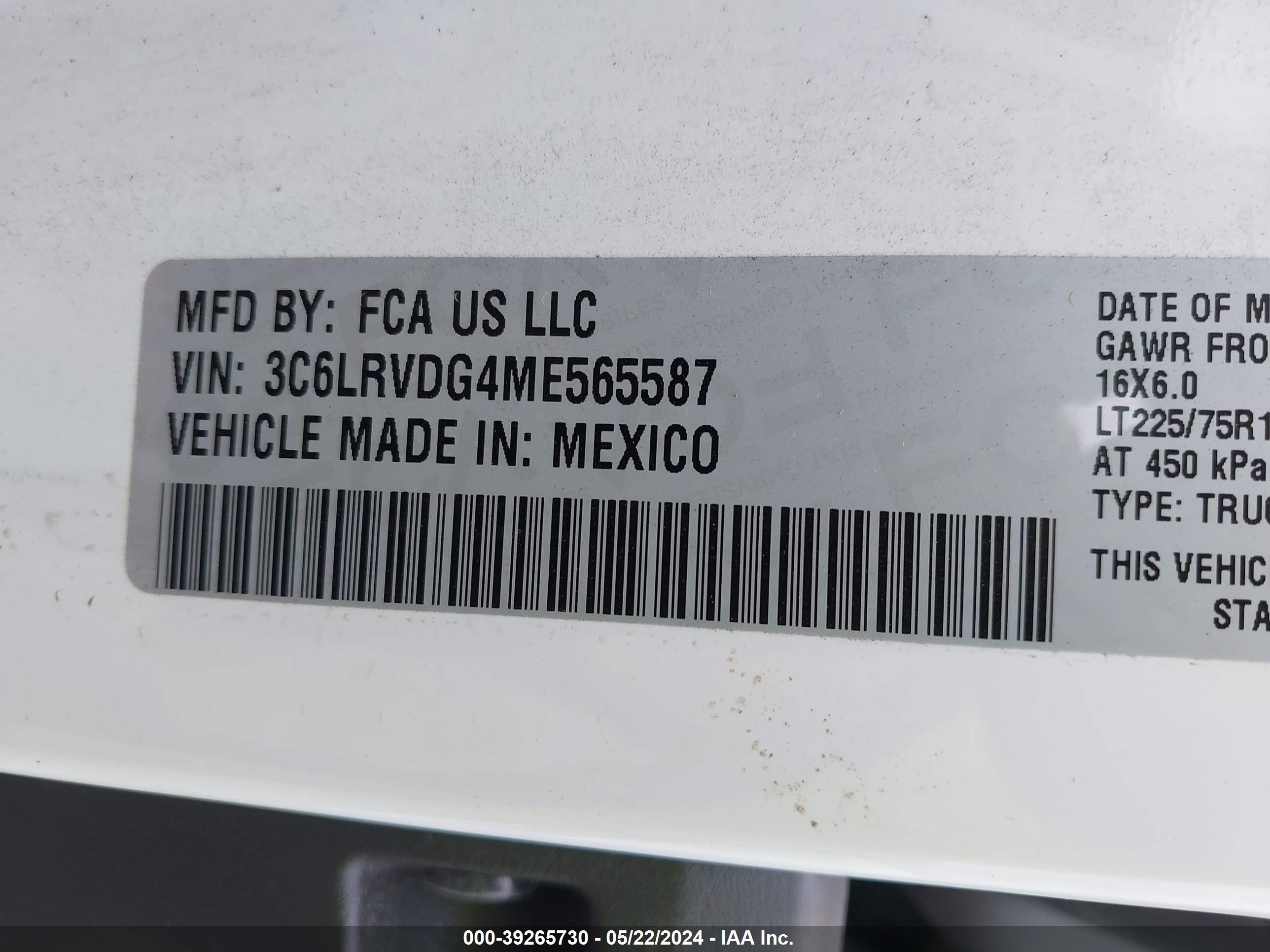 2021 Ram Promaster 2500 High Roof 159 Wb vin: 3C6LRVDG4ME565587