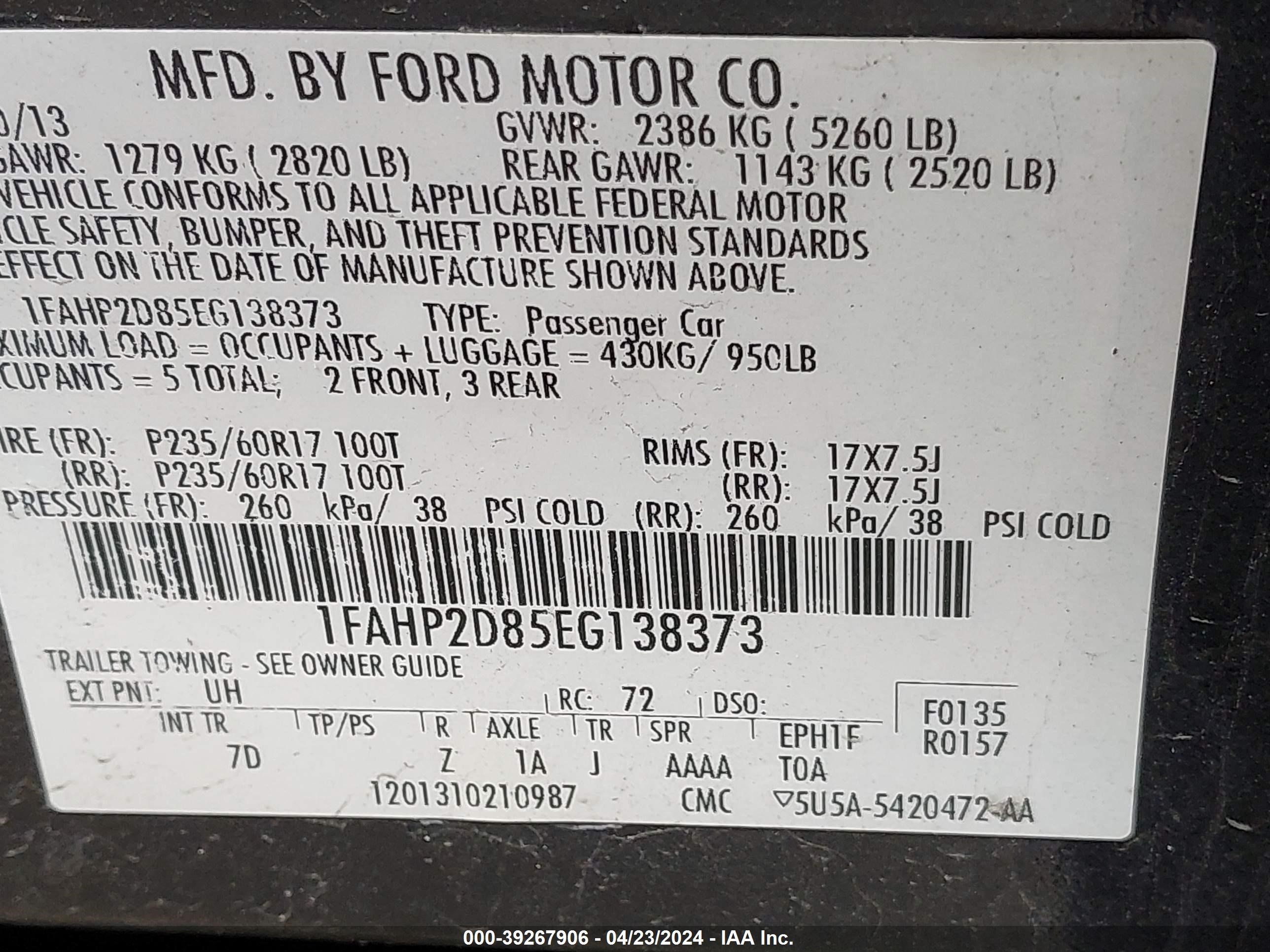 2014 Ford Taurus Se vin: 1FAHP2D85EG138373