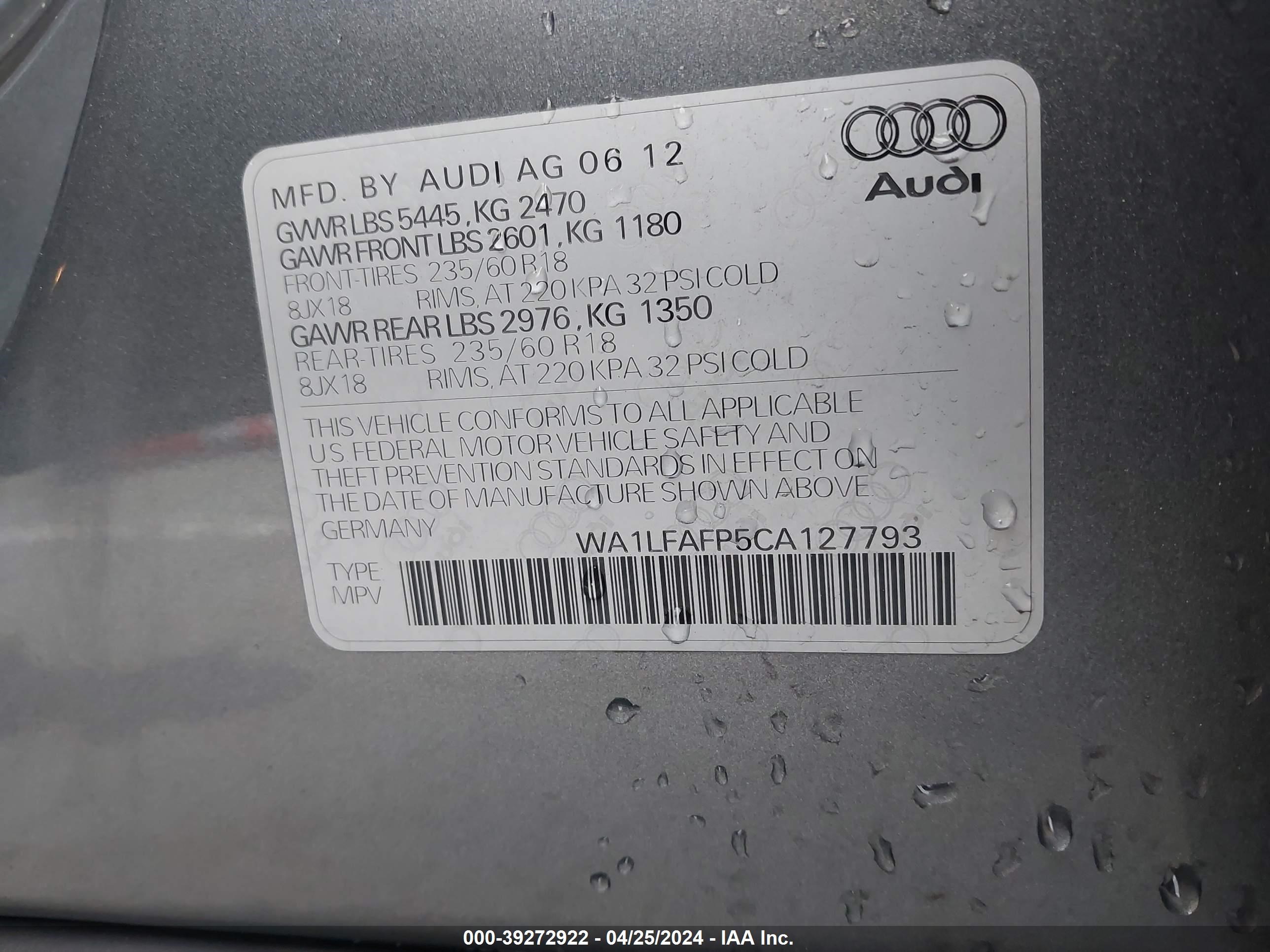 2012 Audi Q5 2.0T Premium vin: WA1LFAFP5CA127793