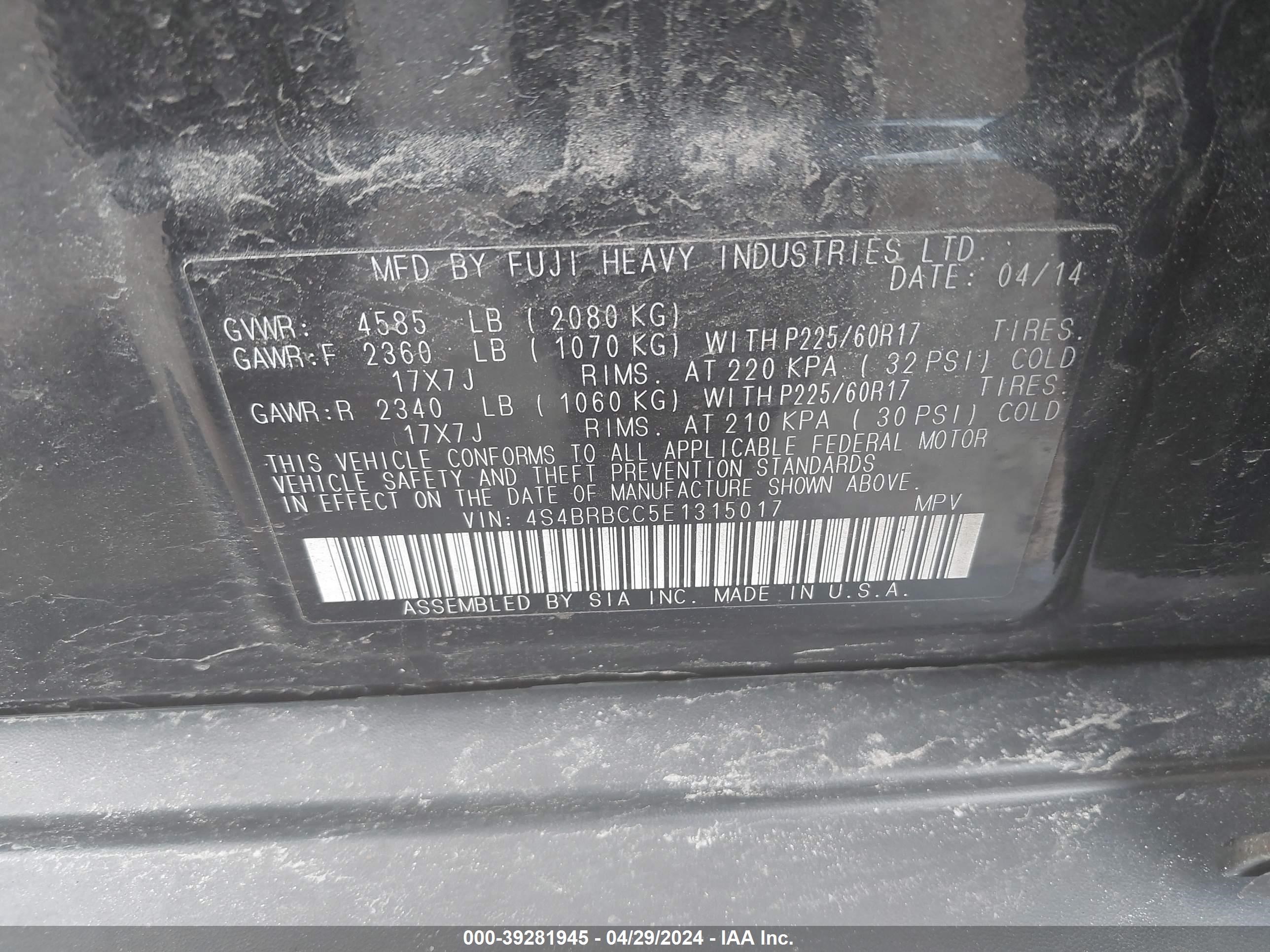 2014 Subaru Outback 2.5I Premium vin: 4S4BRBCC5E1315017