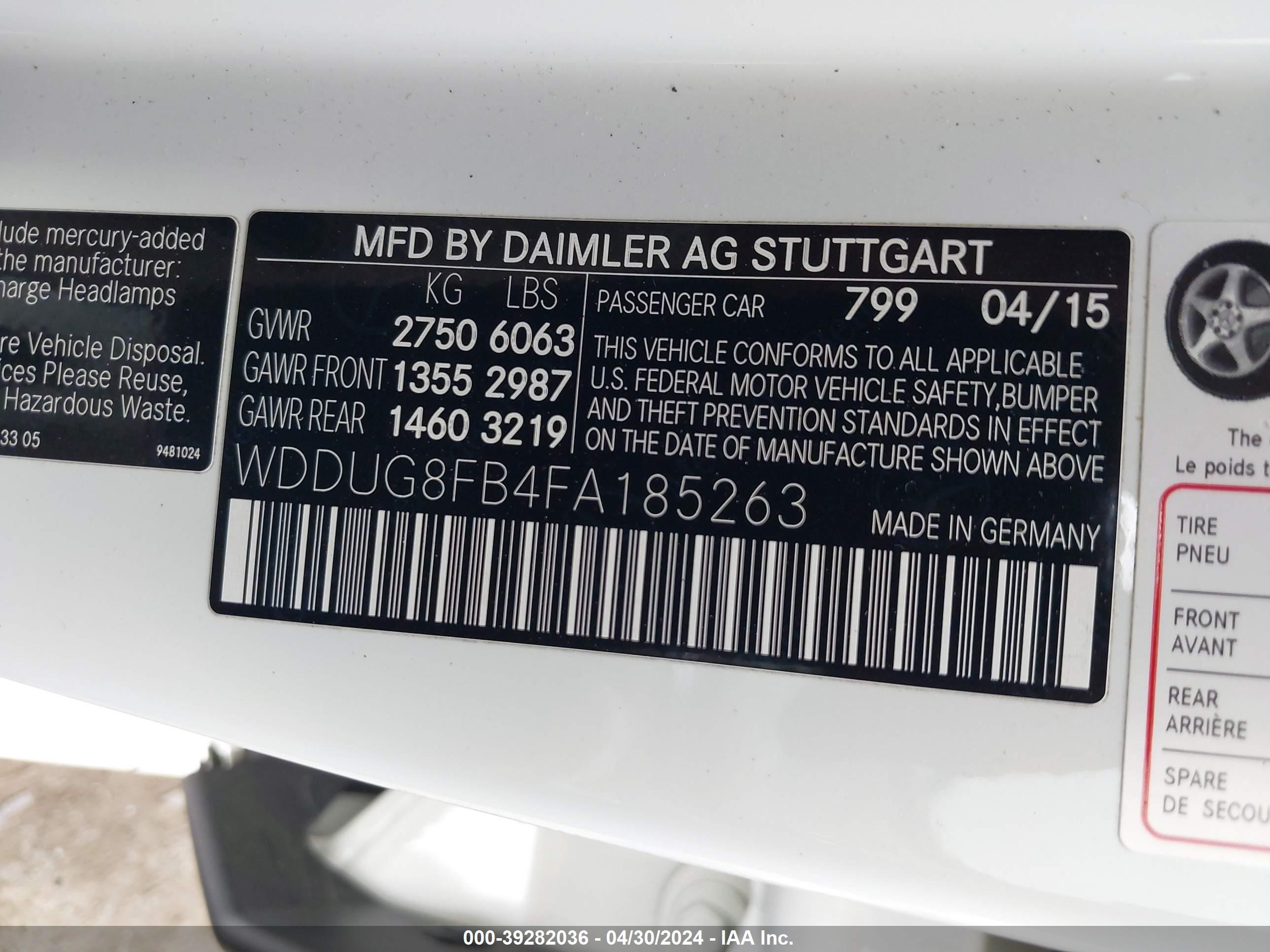 2015 Mercedes-Benz S 550 4Matic vin: WDDUG8FB4FA185263