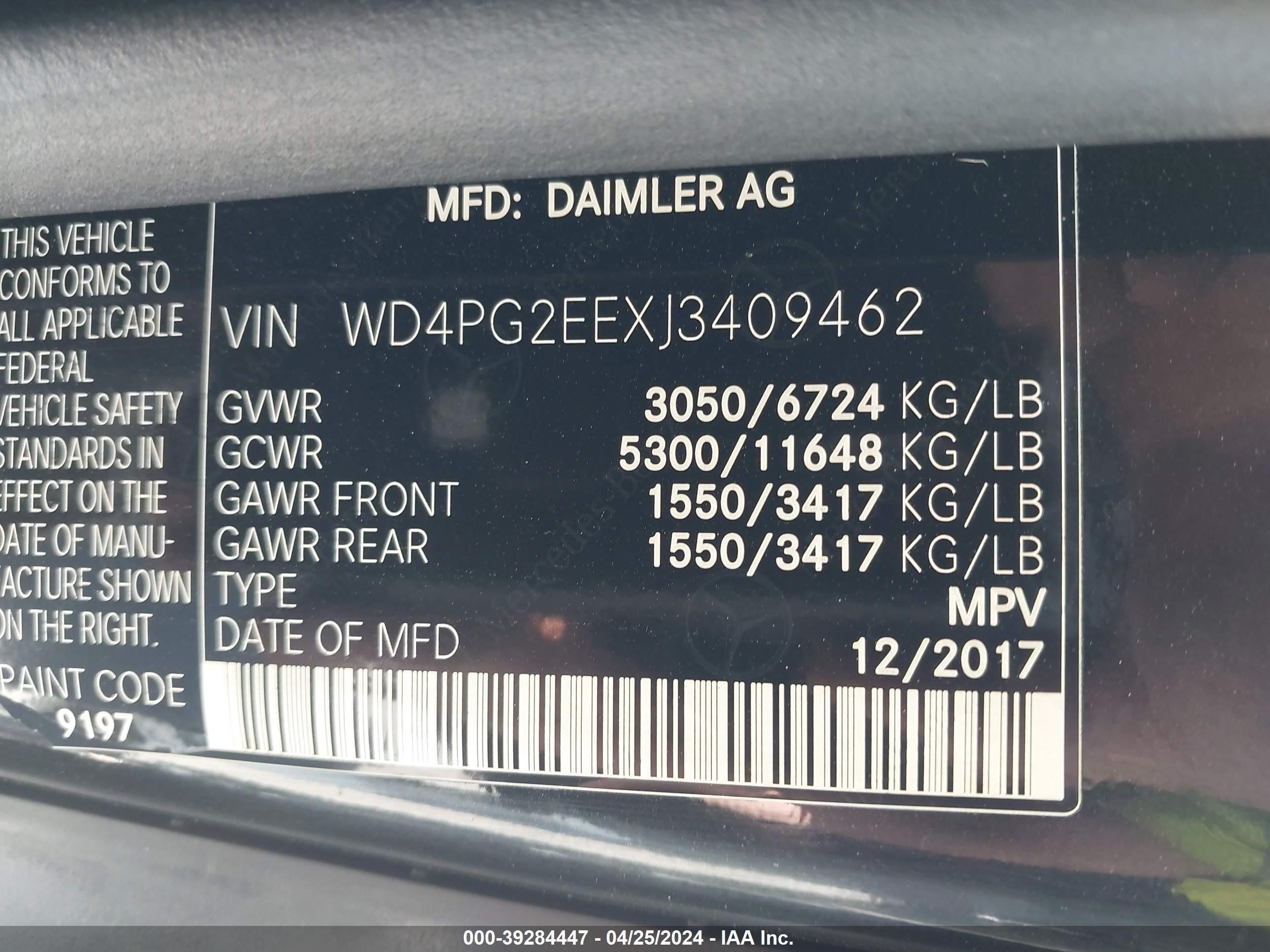 2018 Mercedes-Benz Metris vin: WD4PG2EEXJ3409462