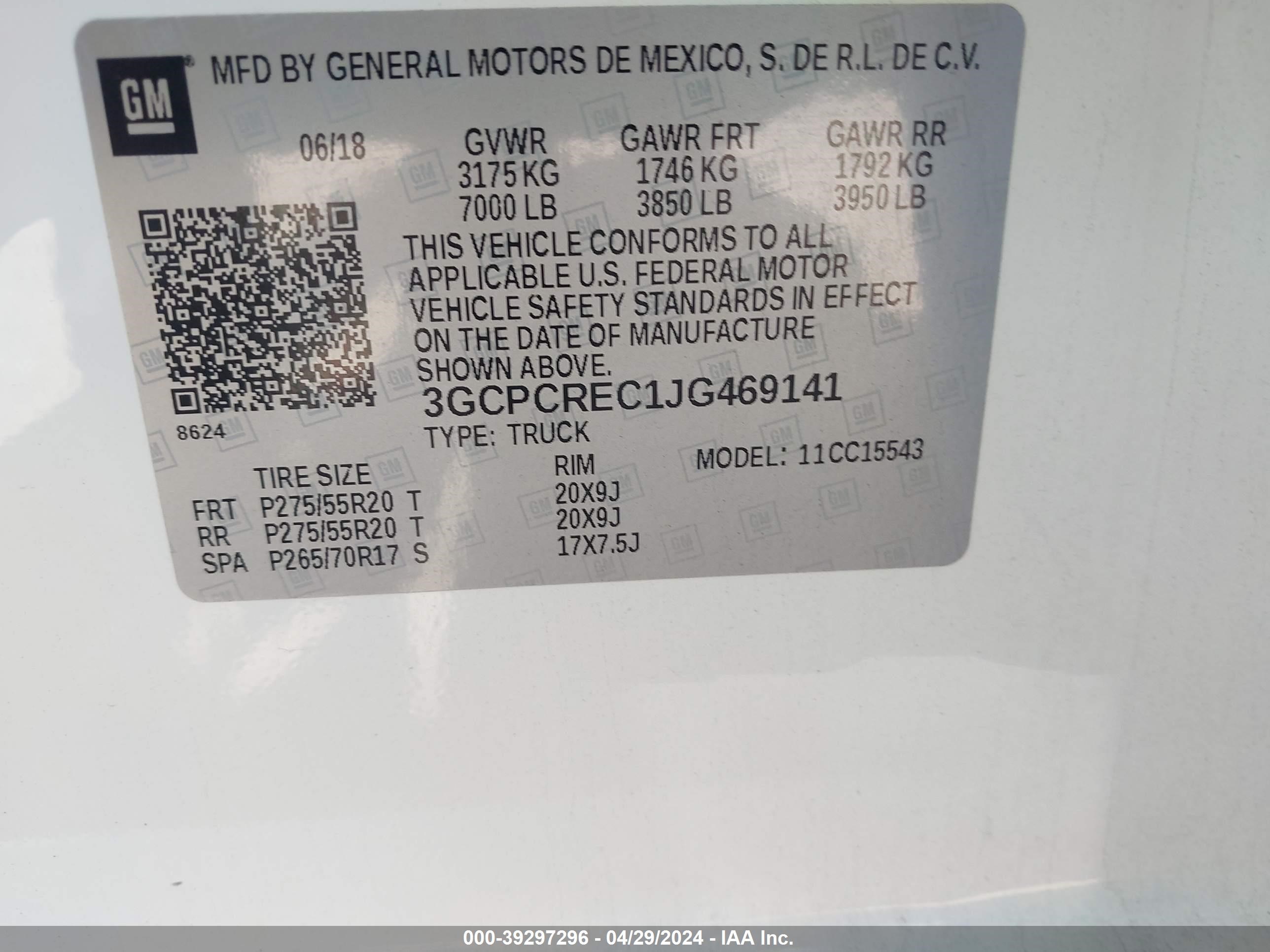 2018 Chevrolet Silverado 1500 1Lt vin: 3GCPCREC1JG469141