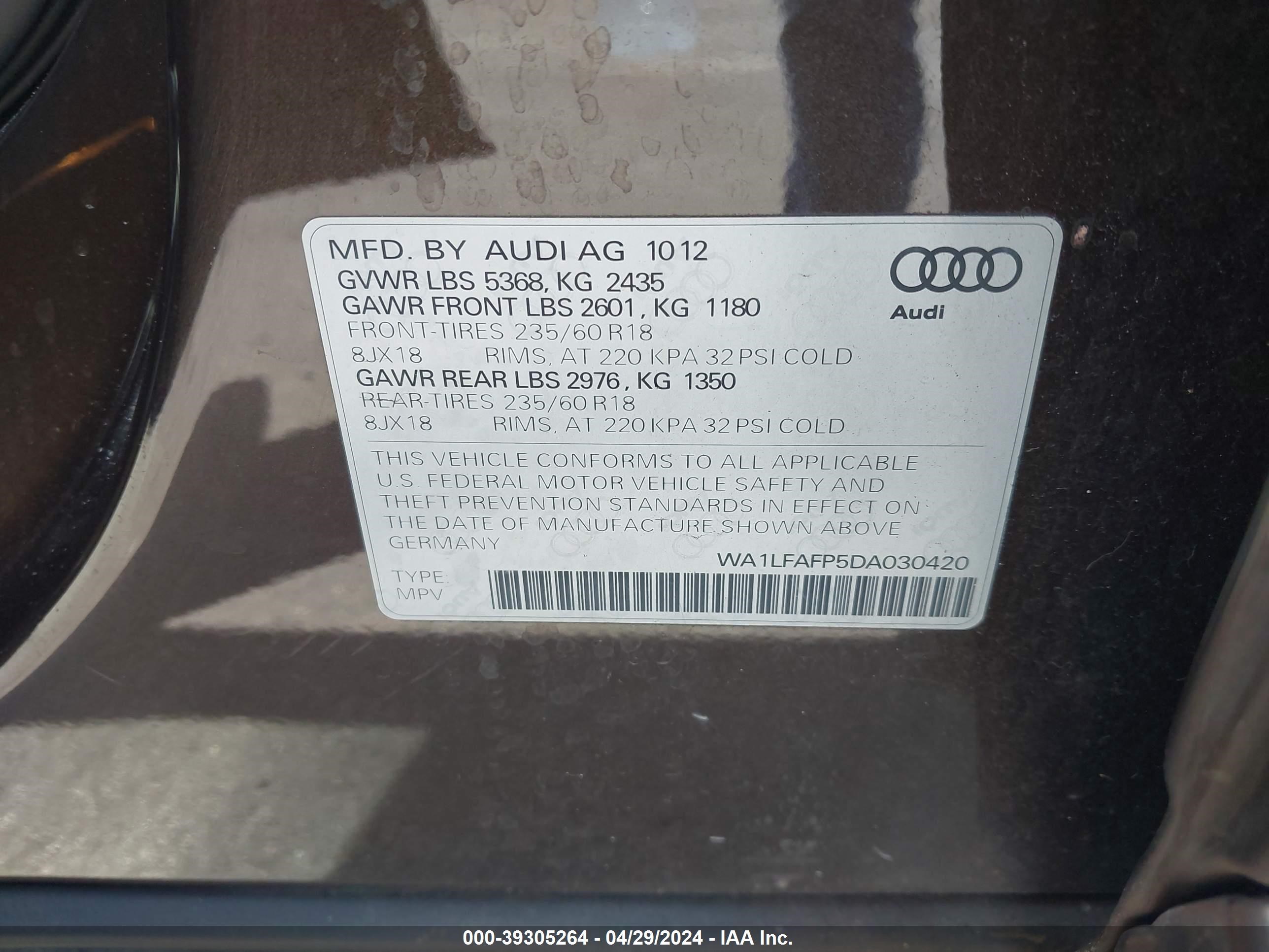 2013 Audi Q5 2.0T Premium vin: WA1LFAFP5DA030420