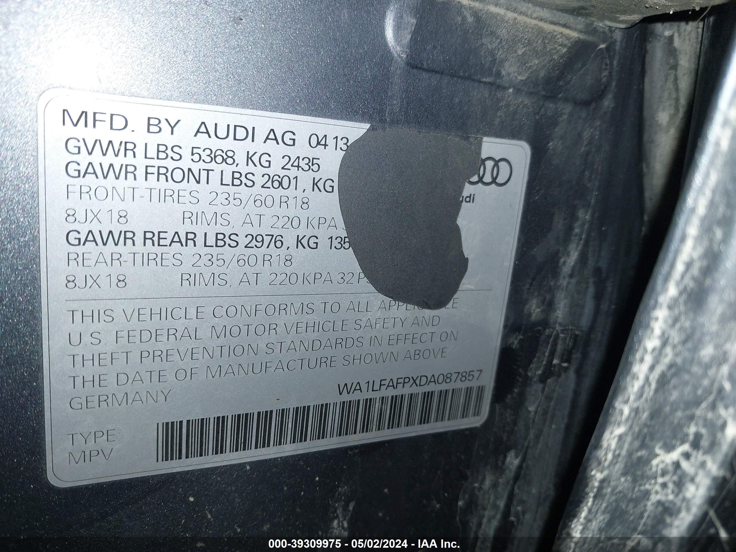 2013 Audi Q5 2.0T Premium vin: WA1LFAFPXDA087857