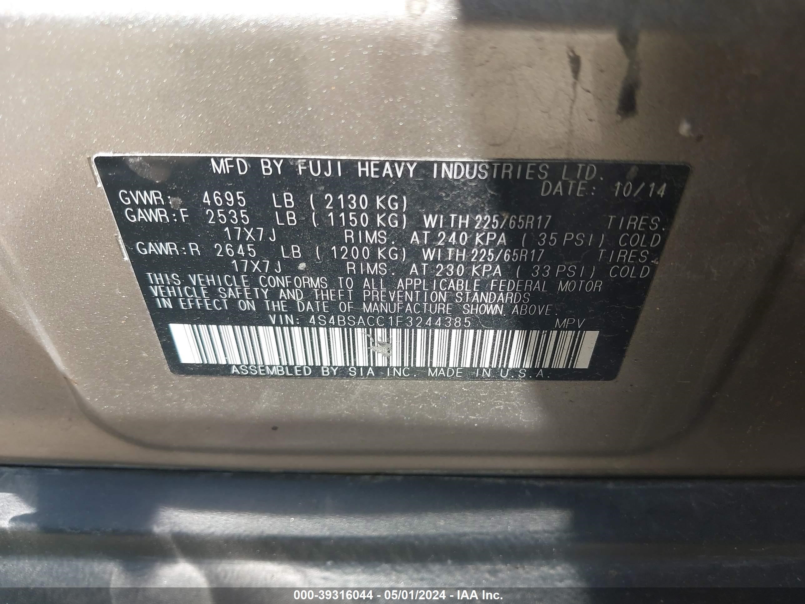2015 Subaru Outback 2.5I Premium vin: 4S4BSACC1F3244385