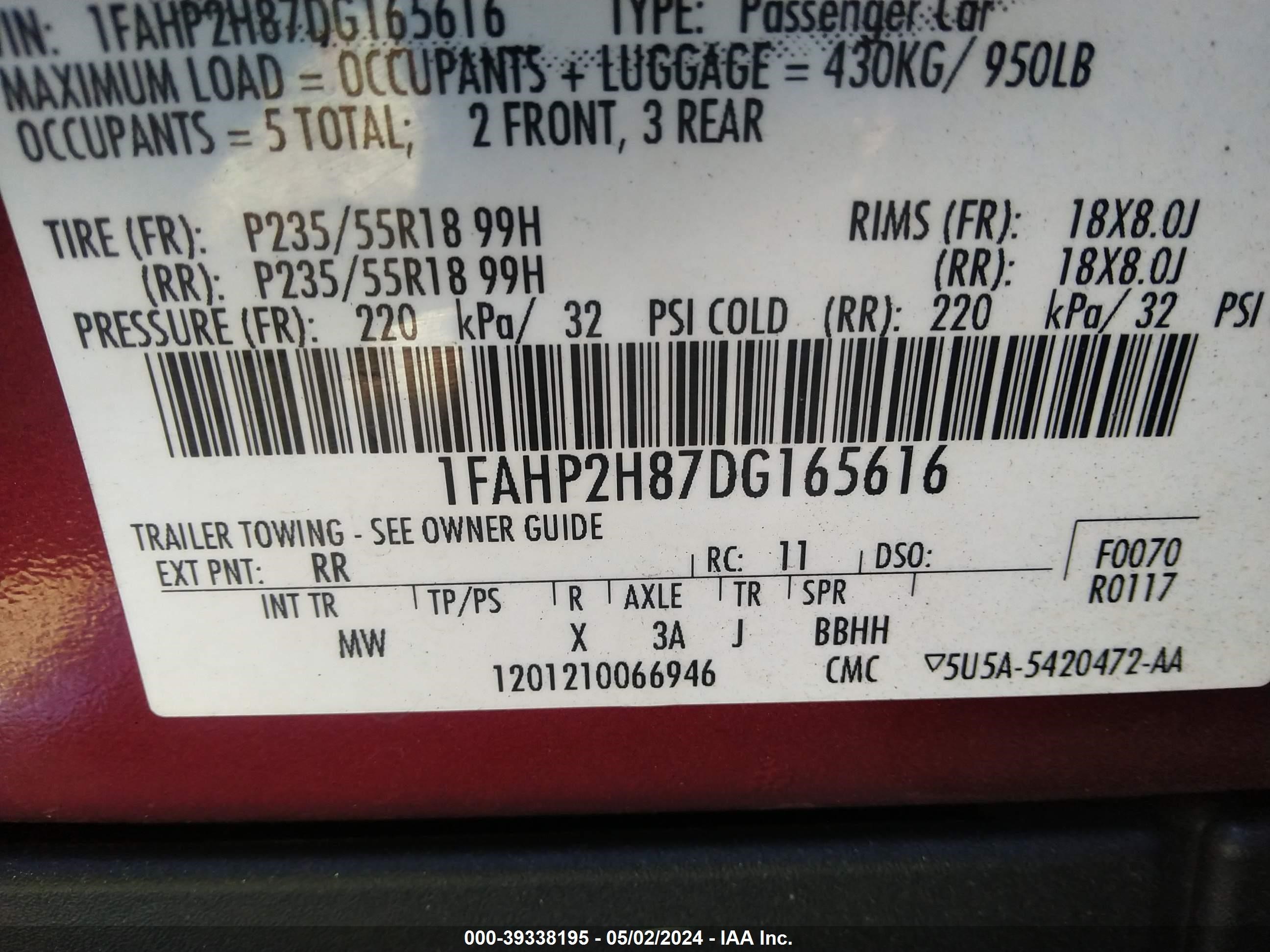 2013 Ford Taurus Sel vin: 1FAHP2H87DG165616