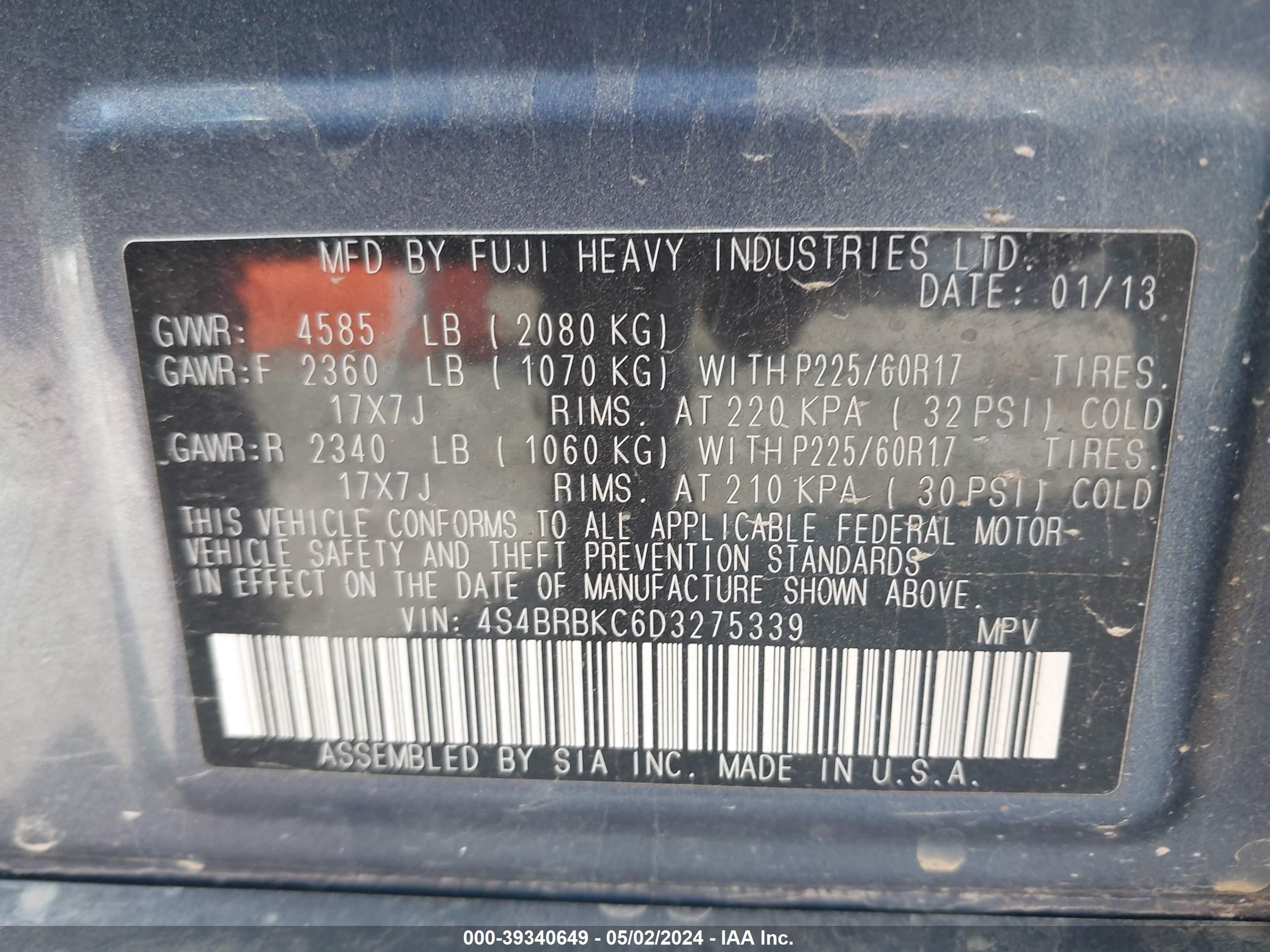2013 Subaru Outback 2.5I Limited vin: 4S4BRBKC6D3275339