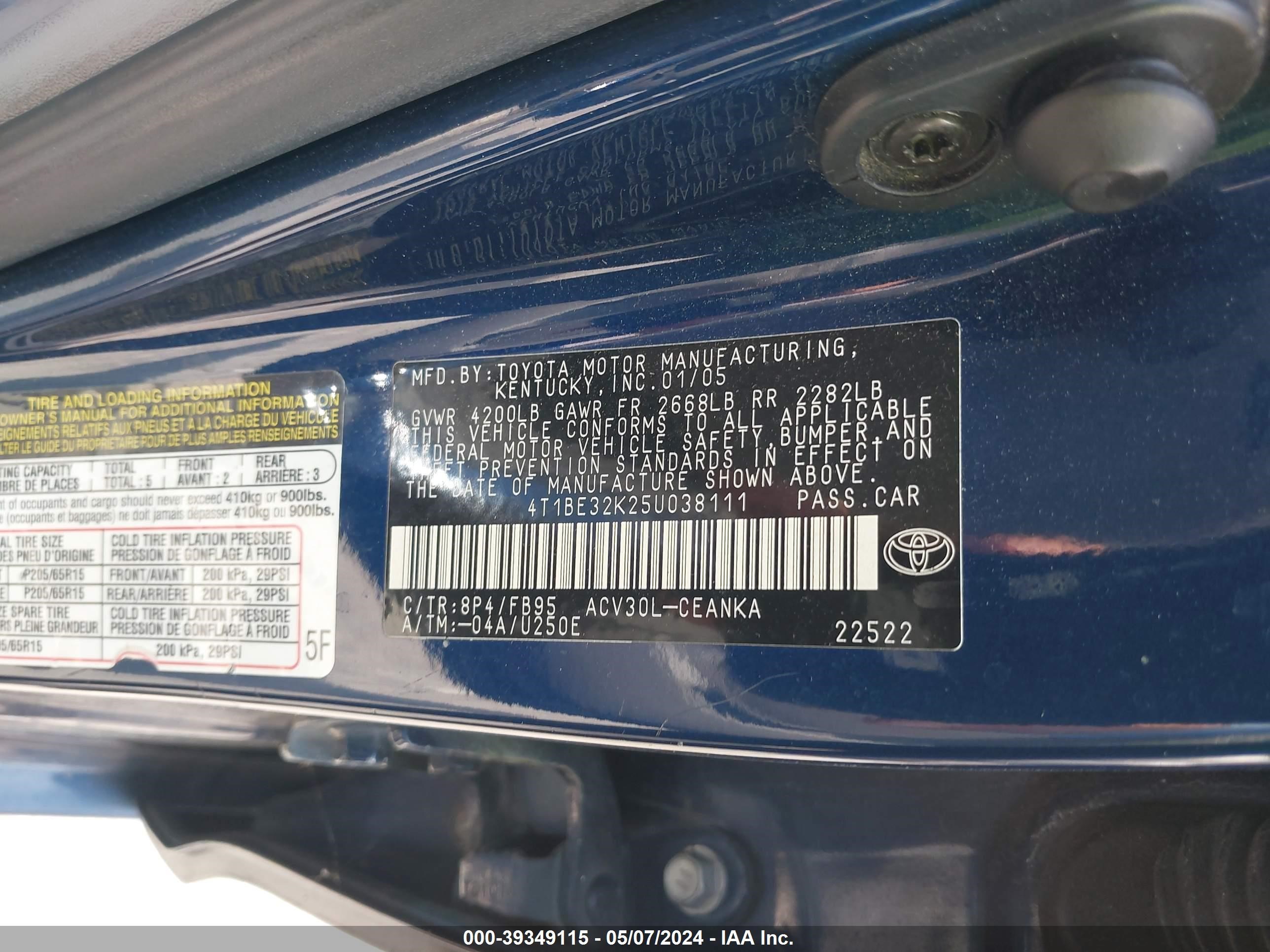 4T1BE32K25U038111 2005 Toyota Camry Le