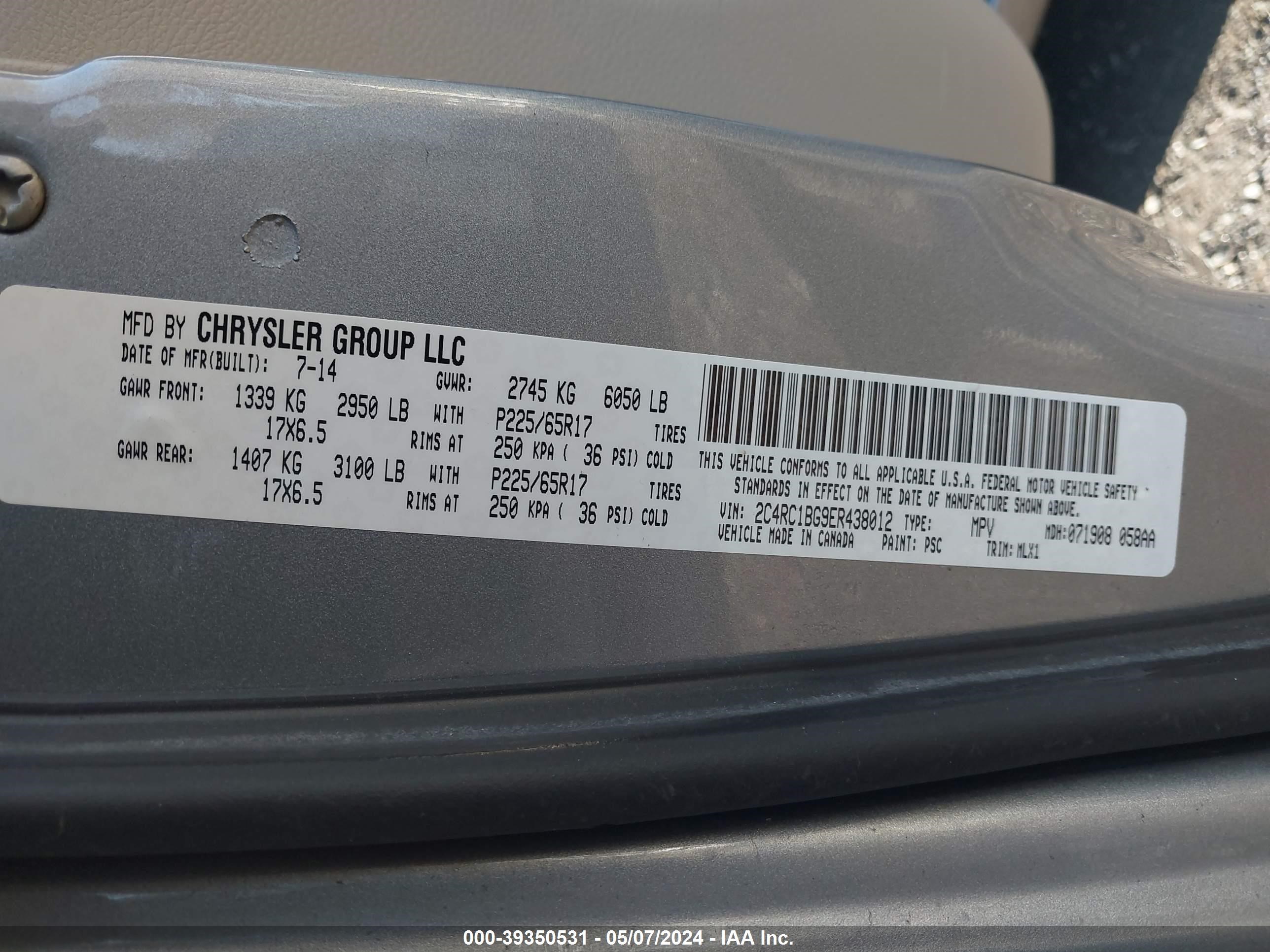 2C4RC1BG9ER438012 2014 Chrysler Town & Country Touring